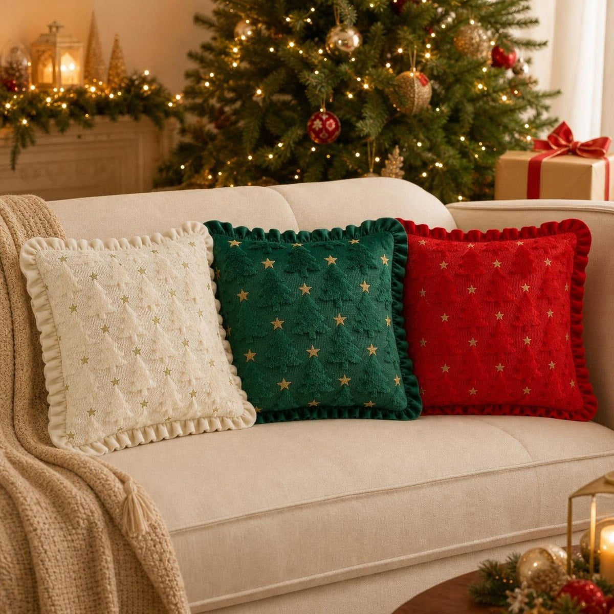 1 Piece Christmas Tree Throw Pillow Cover with Ruffle Trim Stars 18 x 18 Inch