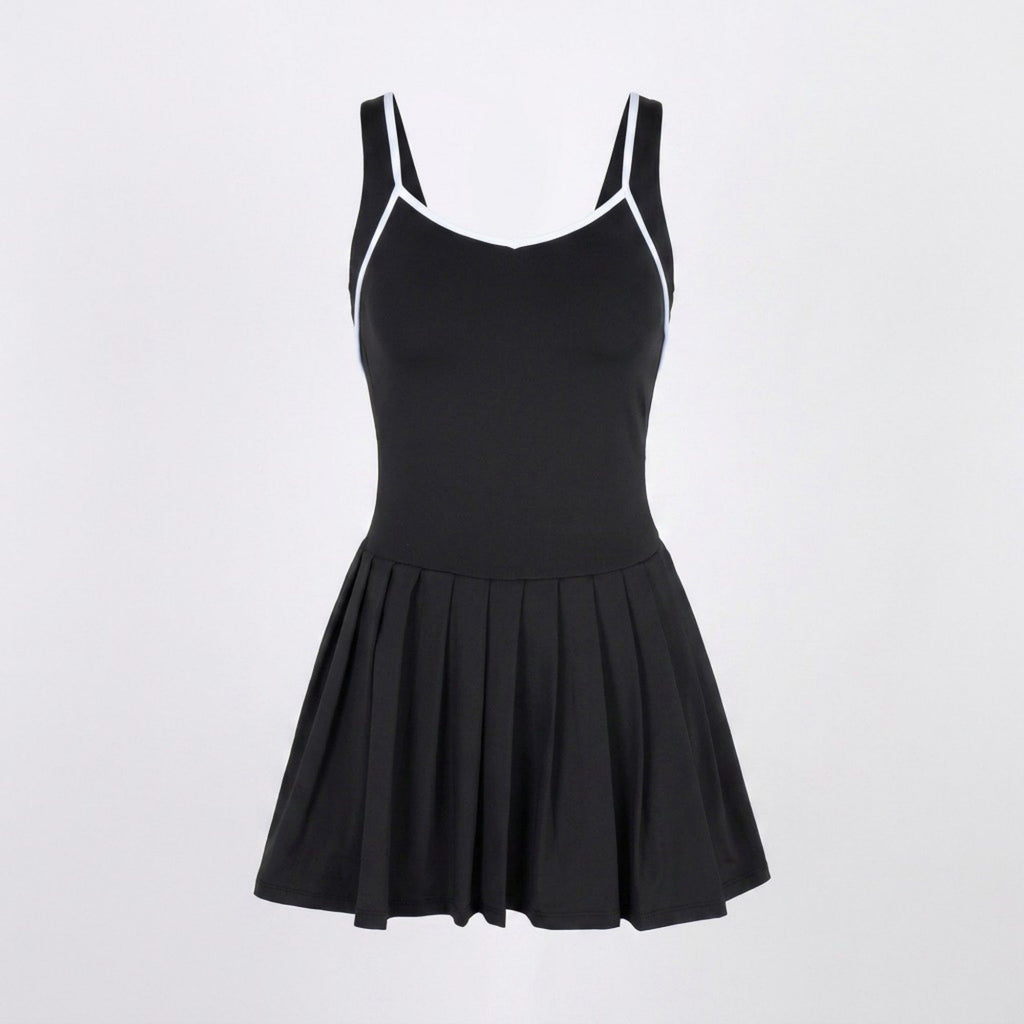 Anna-Kaci Active Womens Contrast Trim Athletic Dress with Crisscross Back Straps Pleated Skirt and Smooth Stretch Knit
