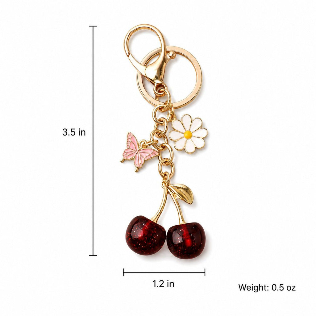 Cherry Bag Charm Keychain with Daisy and Butterfly Accents and Gold-Tone Clip