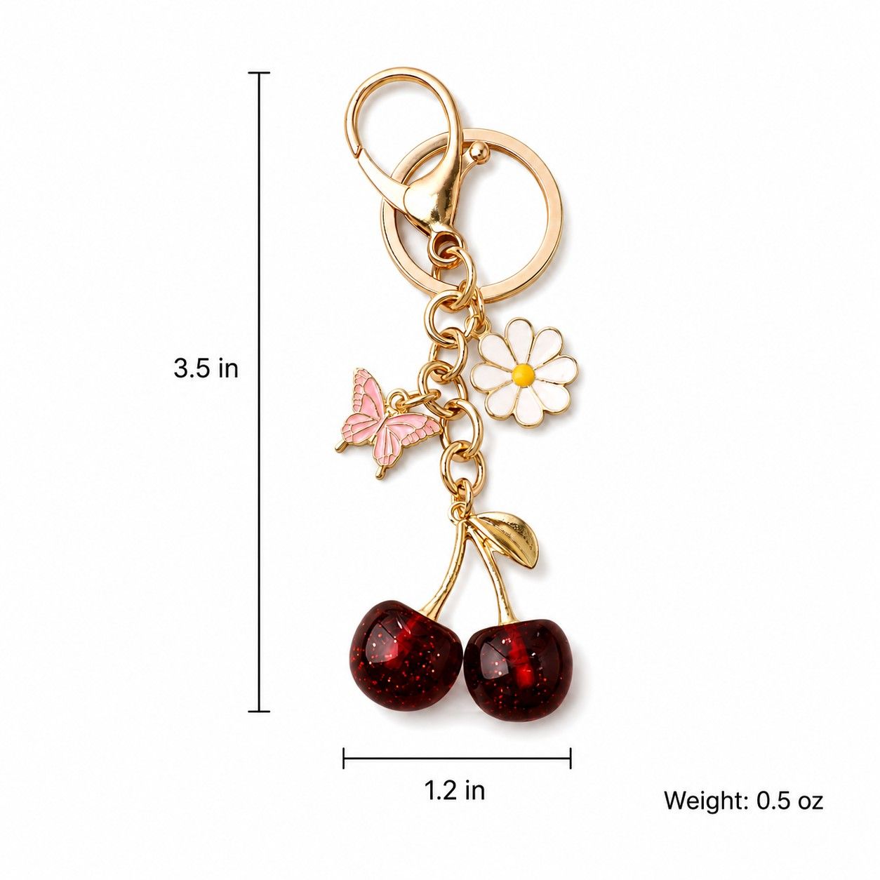 Cherry Bag Charm Keychain with Daisy and Butterfly Accents and Gold-Tone Clip