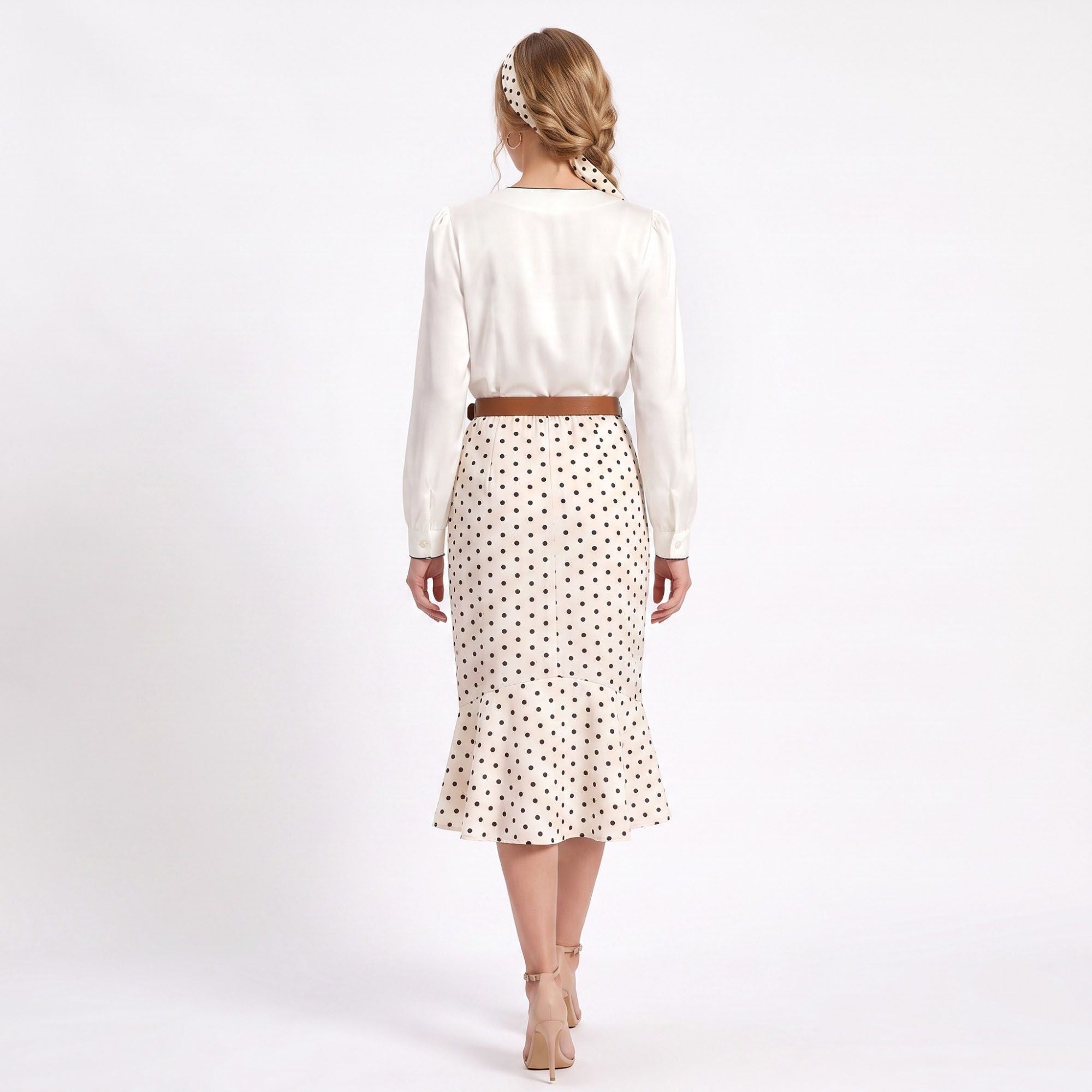 Polka Dot 2-Piece Set Button Front Blouse and Ruffle Hem Midi Skirt