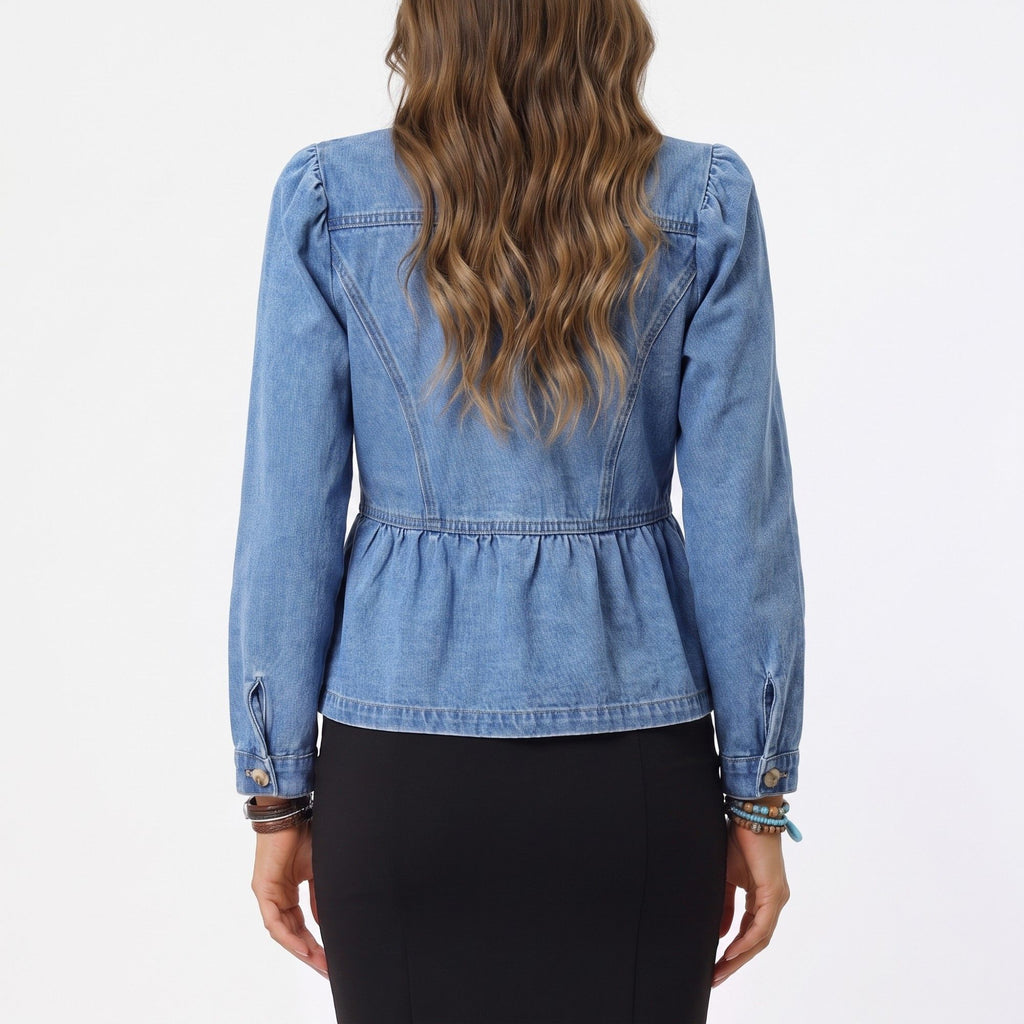 Peplum Denim Jacket Long Sleeve Button Front Jean Blazer with Ruffle Waist