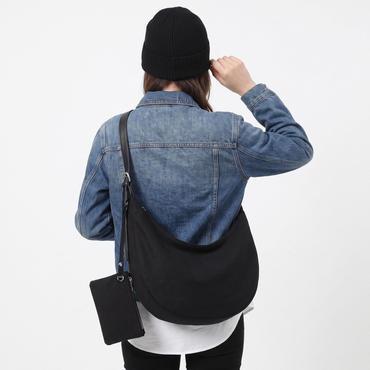 Crescent Hobo Shoulder Bag with Detachable Zip Pouch and Adjustable Strap
