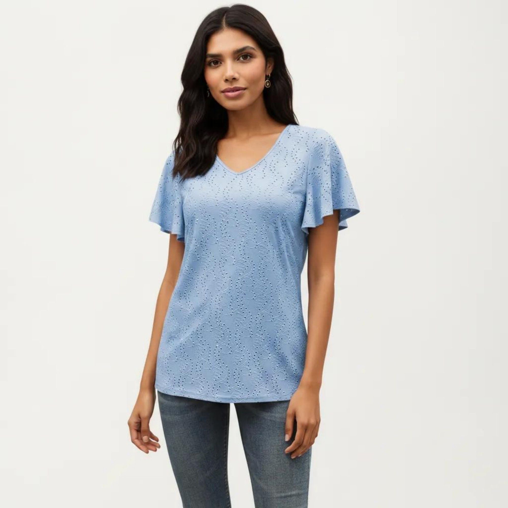 Anna-Kaci Women's Short Sleeve Eyelet V-Neck Top with Floral Embroidery and Flutter Sleeves
