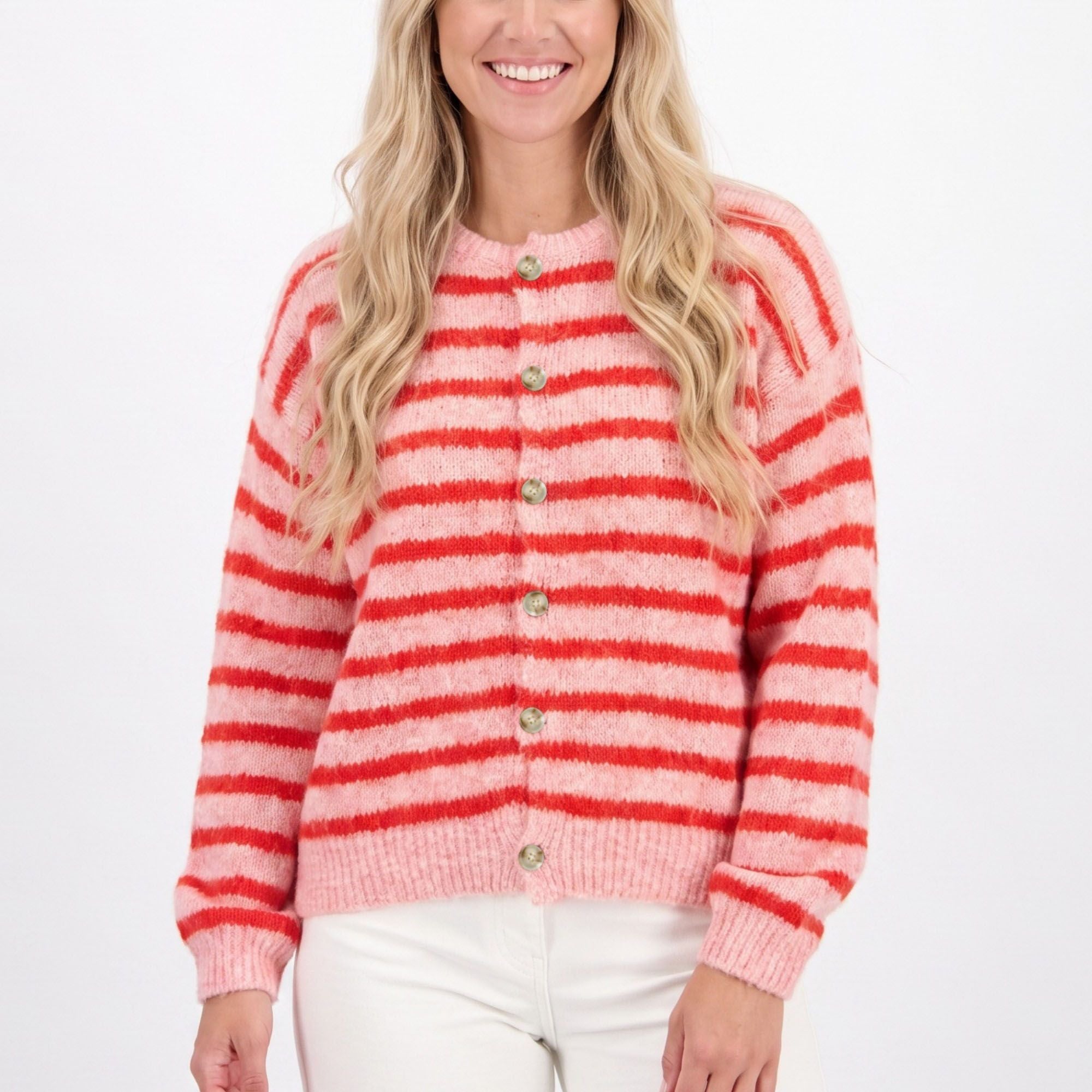 Striped Button-Front Crew Neck Knit Cardigan