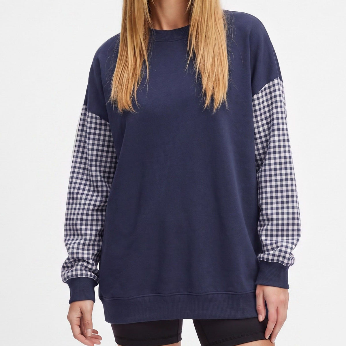 Plaid Sleeve Crew Neck Long Sleeve Pullover Sweatshirt