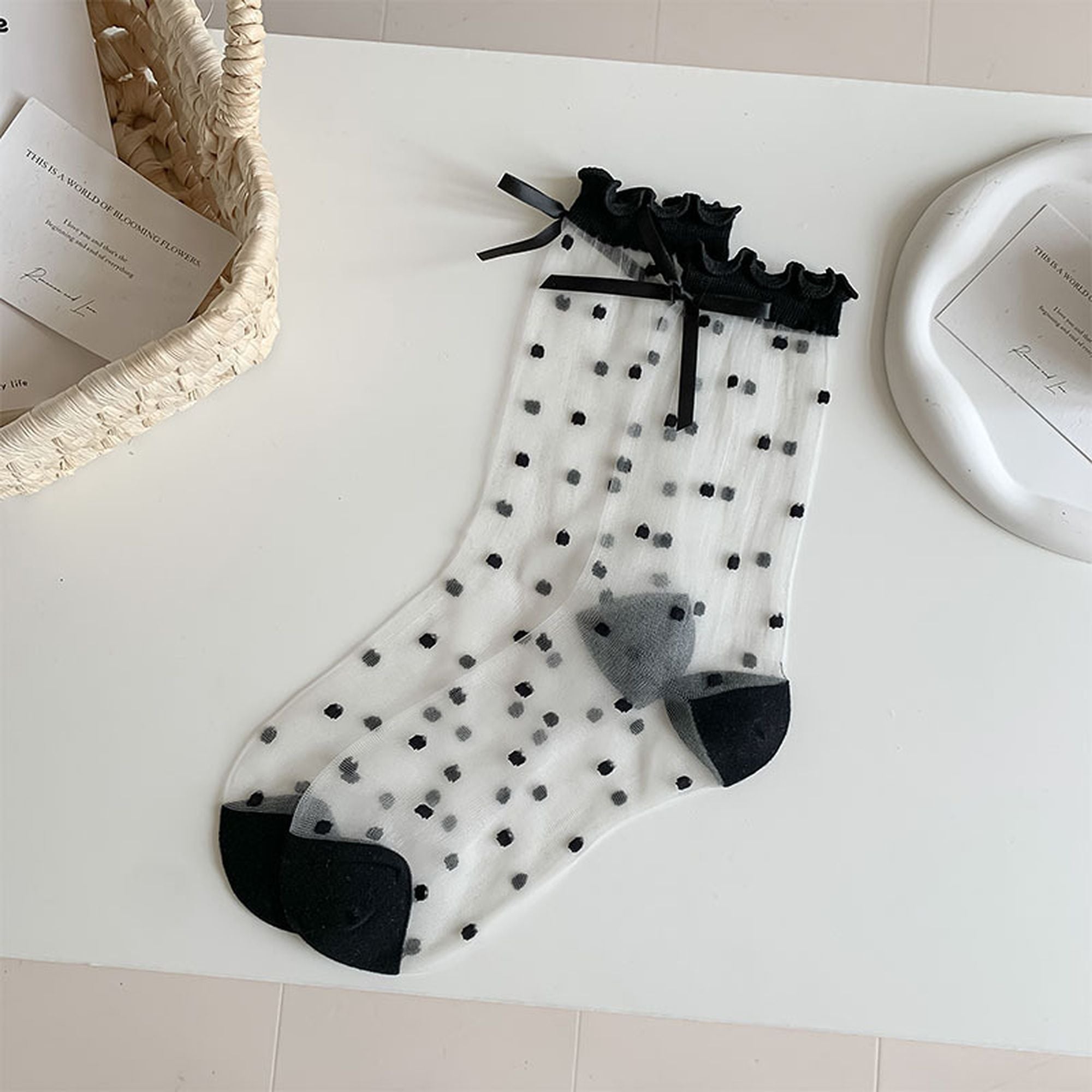 Anna-Kaci Women's Sheer Polka Dot Ankle Socks with Bow Detail 6pk