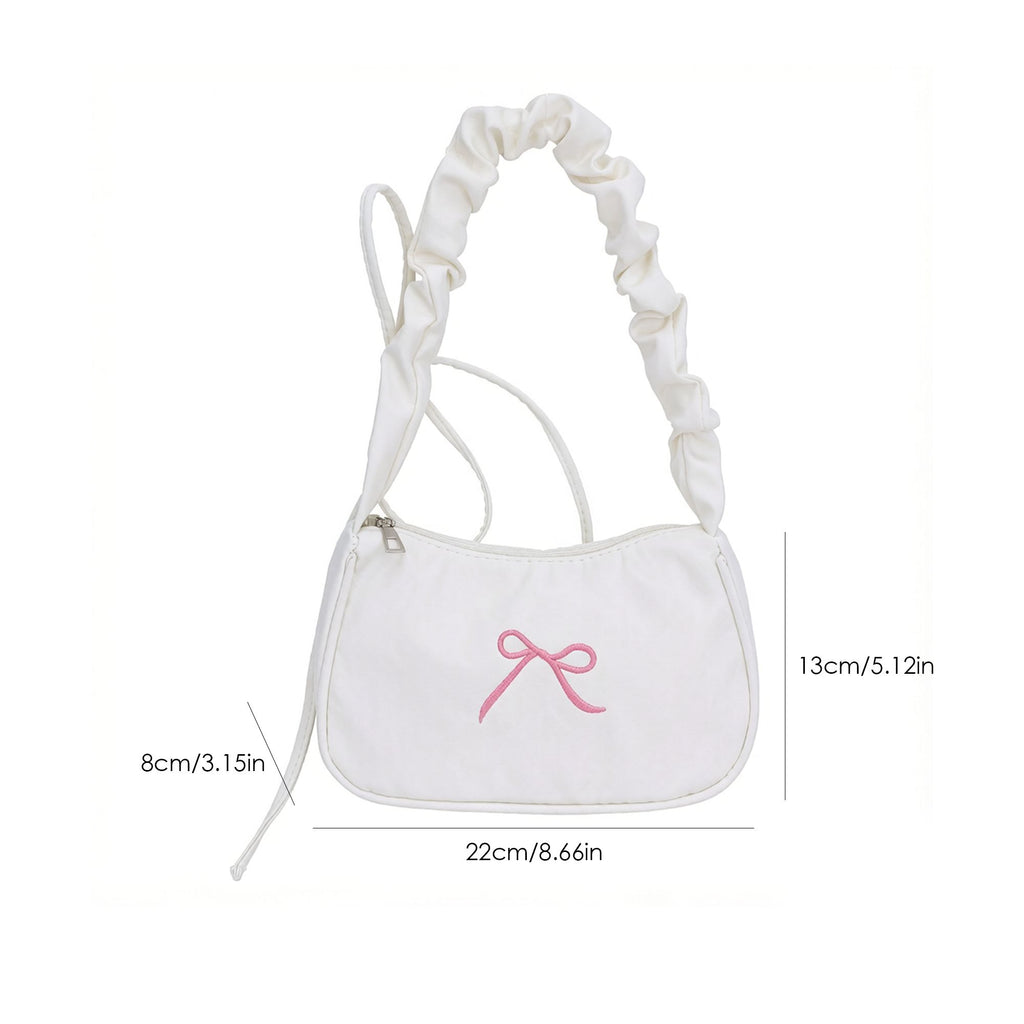 Small Bow Embroidered Shoulder Bag with Ruched Strap and Zip Closure