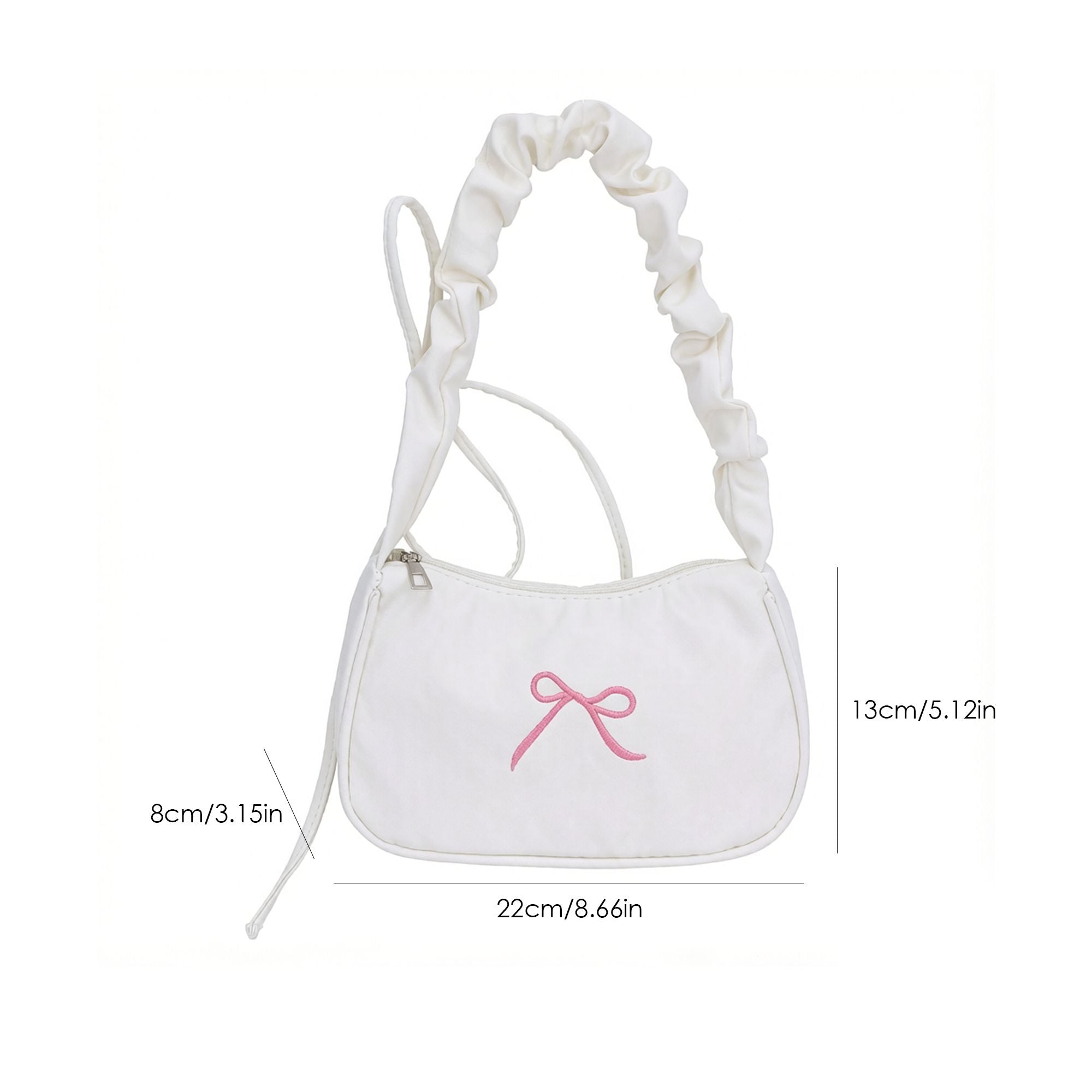 Small Bow Embroidered Shoulder Bag with Ruched Strap and Zip Closure