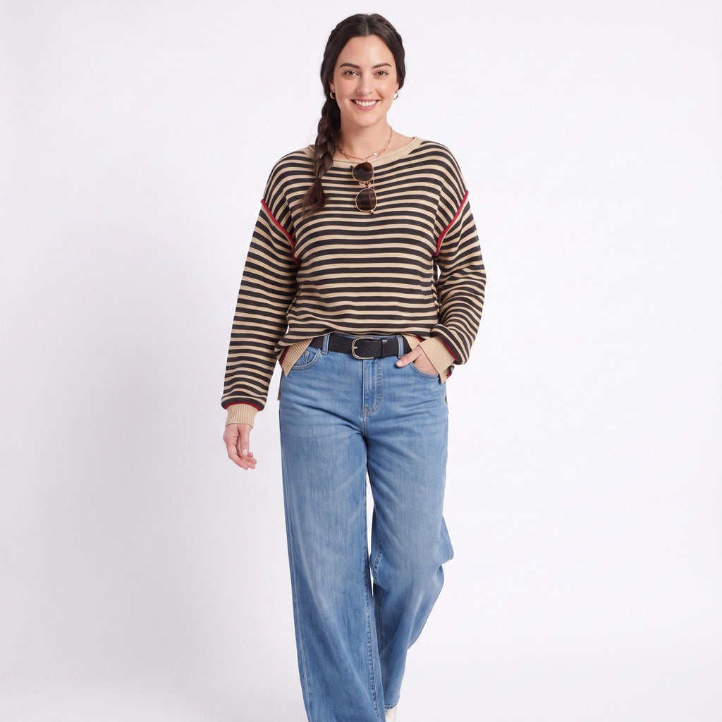 Striped Contrast Trim Drop Shoulder Long Sleeve Knit Sweater