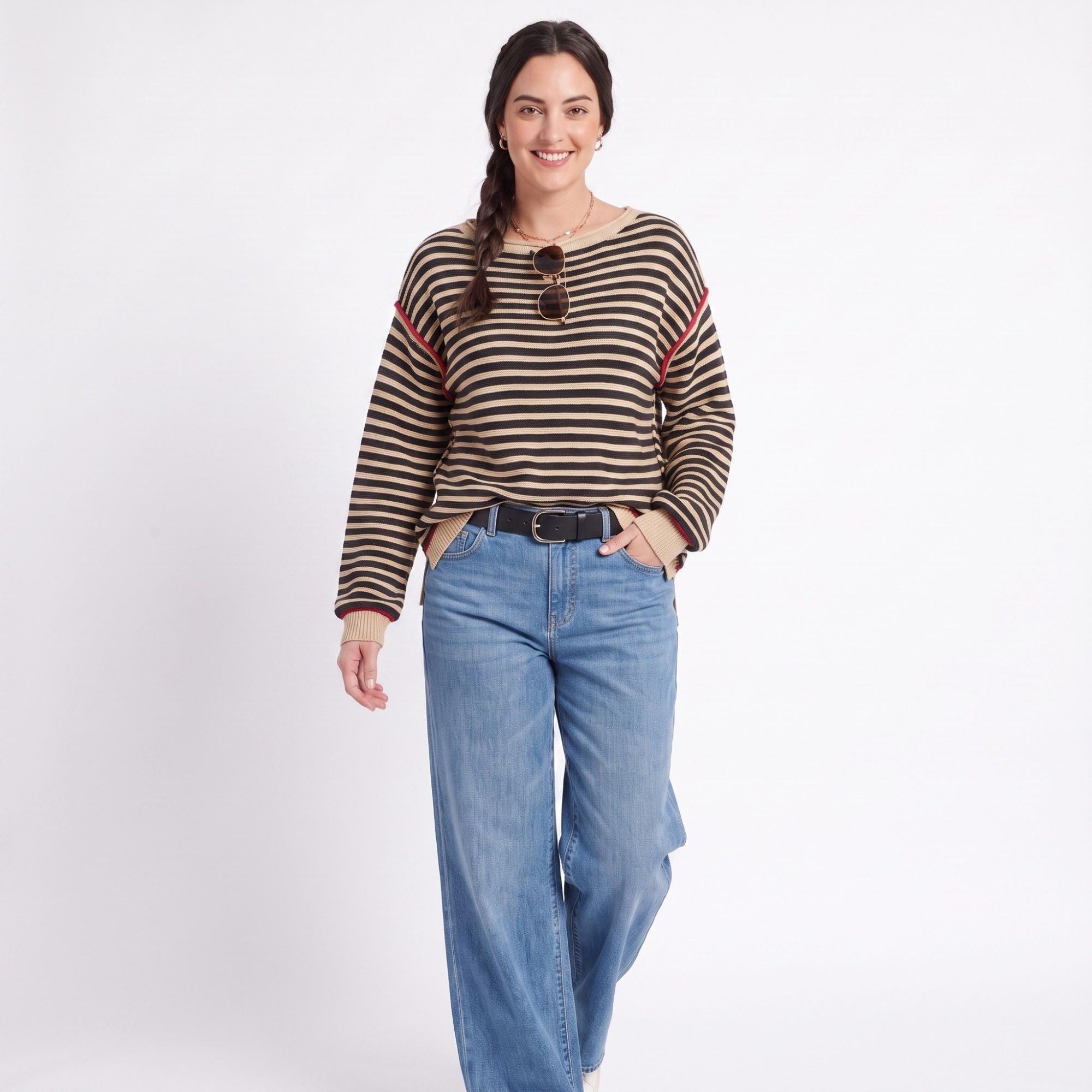 Striped Contrast Trim Drop Shoulder Long Sleeve Knit Sweater