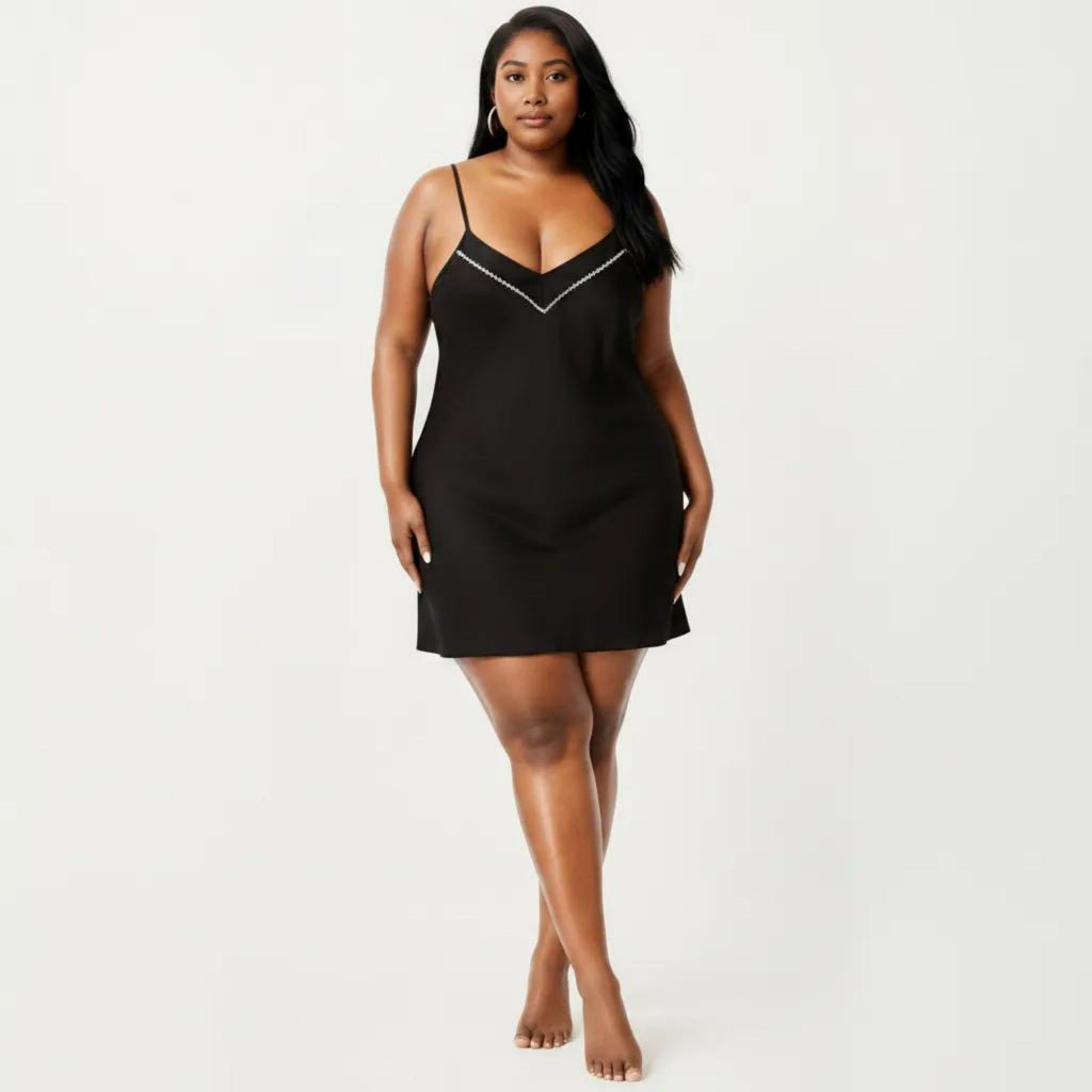 Anna-Kaci Lounge Women's Plus Size V Neck Slip Nightgown Contrast Trim Spaghetti Strap Soft Satin Sleep Dress Short Chemise