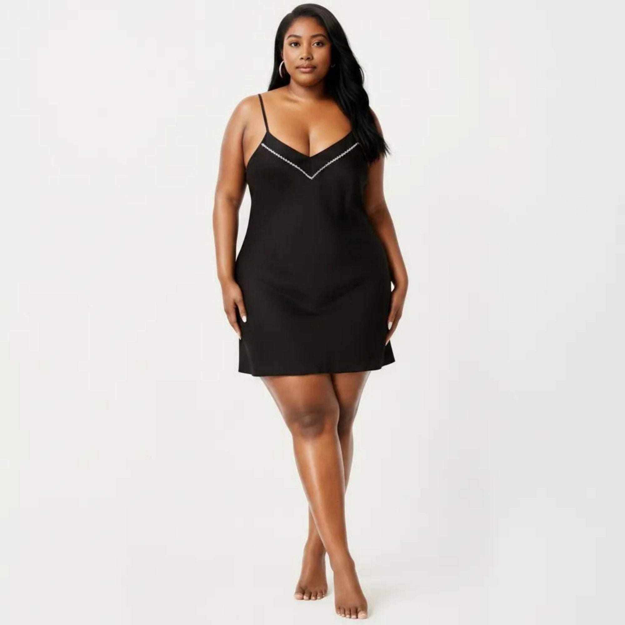 Anna-Kaci Lounge Women's Plus Size V Neck Slip Nightgown Contrast Trim Spaghetti Strap Soft Satin Sleep Dress Short Chemise