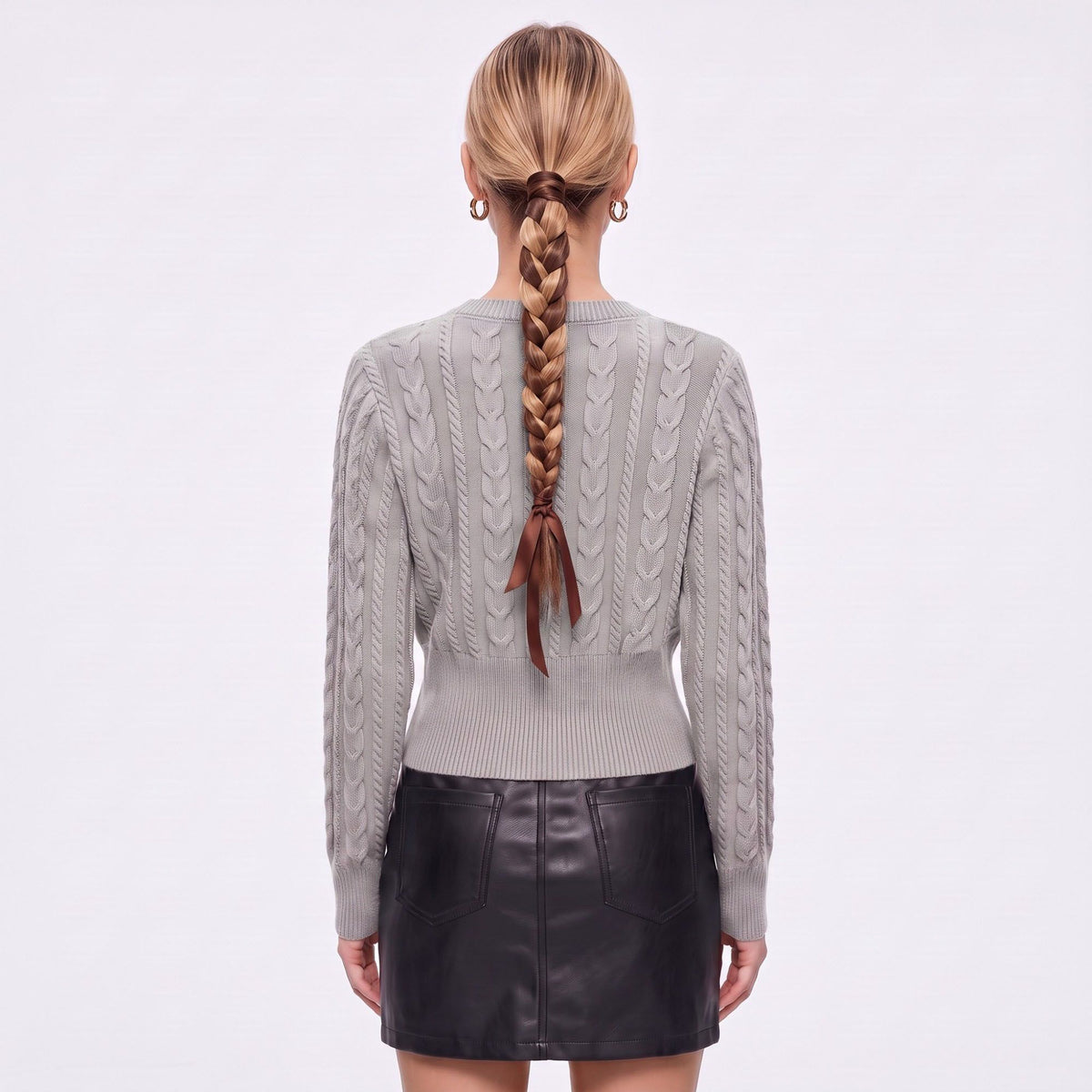Cable Knit Crewneck Sweater with Front Zipper