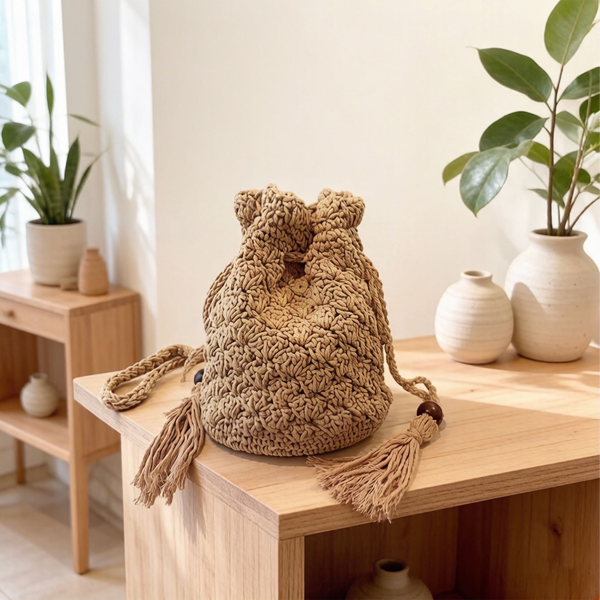 Crochet Bucket Bag with Drawstring Closure Tassel Detail Long Strap Knit Crossbody Handbag