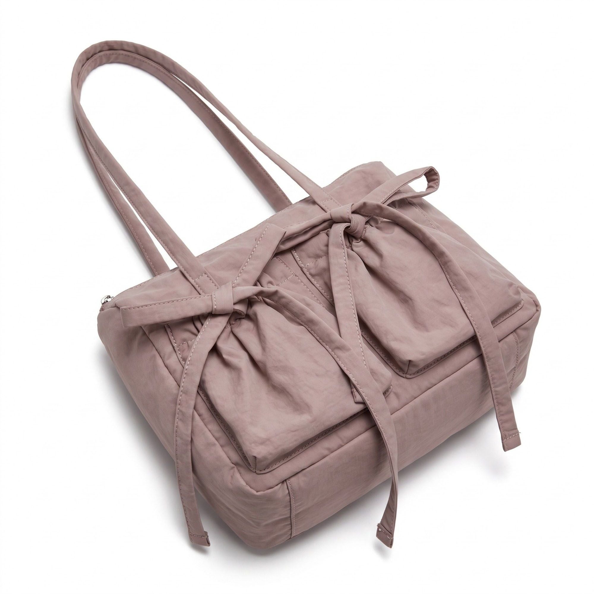 Multi-Pocket Shoulder Tote Bag with Bow-Tie Drawstrings and Top Zipper 11.5x9x5in