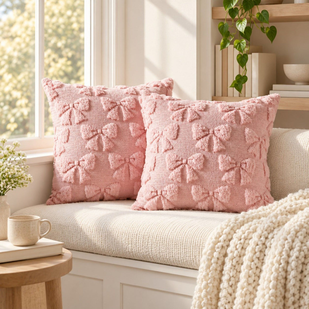 2 Pack Tufted Bow Heart Decorative Throw Pillow Covers Soft Textured Cushion Covers