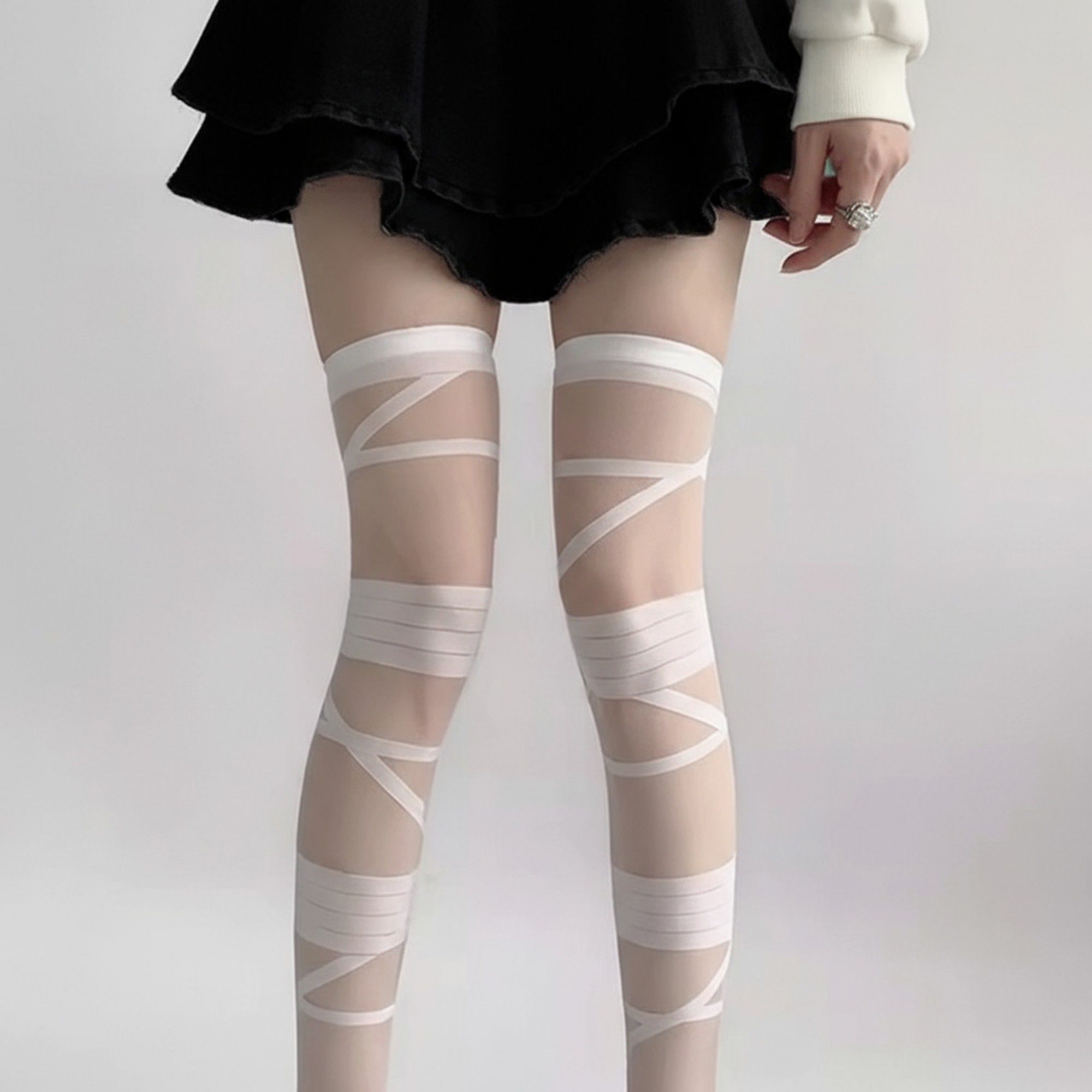 Anna-Kaci Women's Sheer Tights with Wrapped Ribbon Illusion and Gothic Layered Design