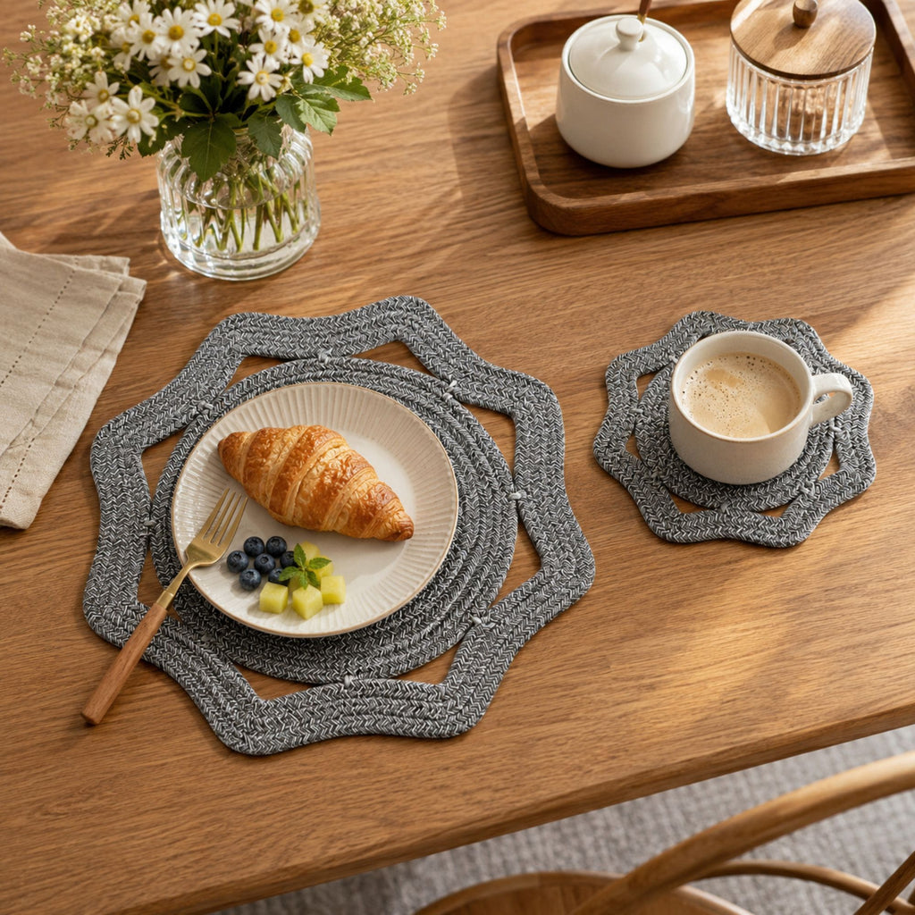 Woven Cotton Cord Octagonal Placemat and Coaster 2-Piece Set