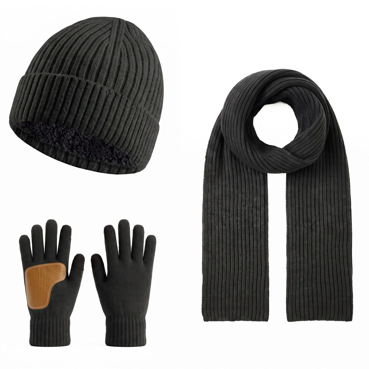 3 Piece Ribbed Knit Beanie Scarf and Touchscreen Gloves Set