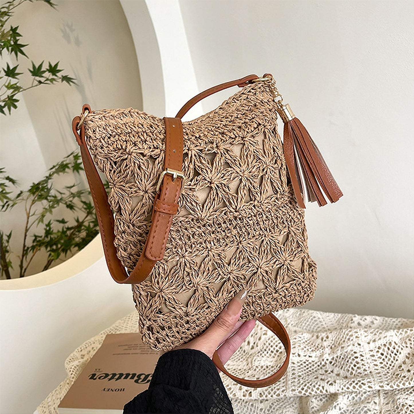Anna-Kaci Women's Bohemian Crochet Shoulder Bag with Leather Straps