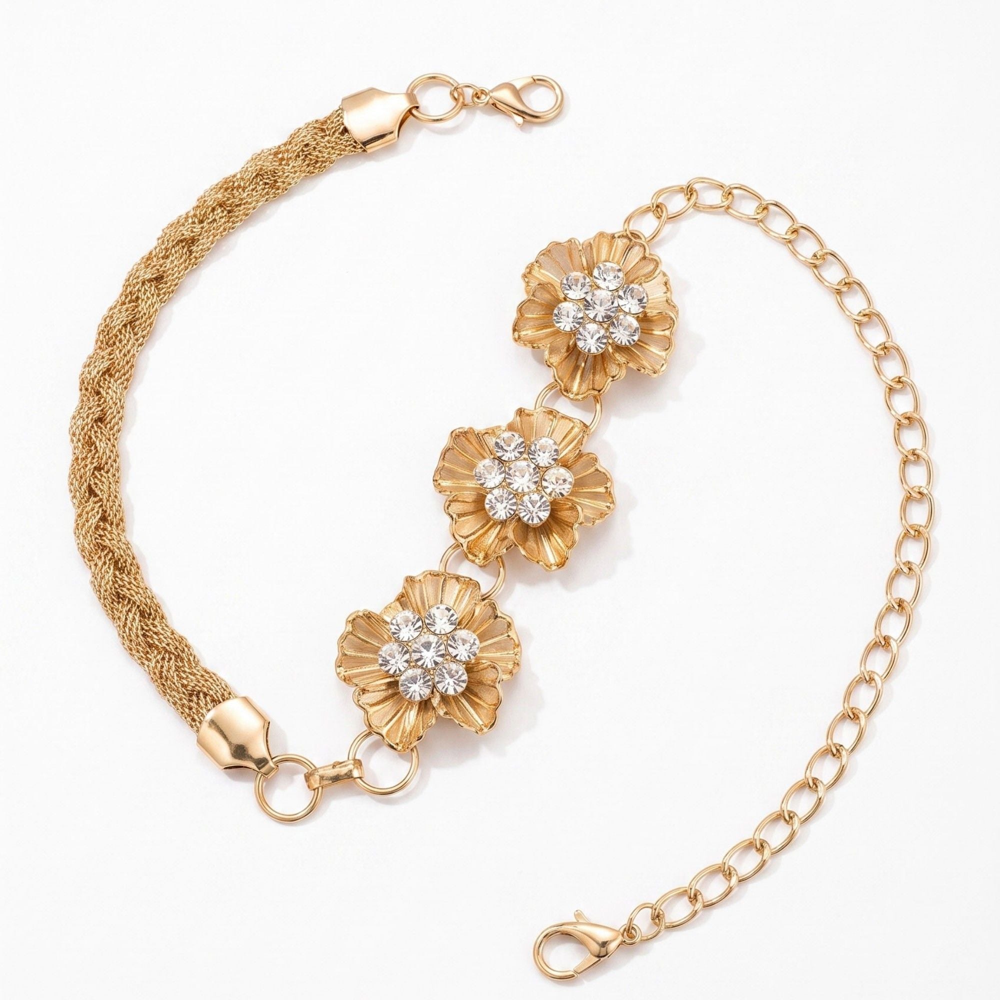 Triple Floral Braided Metal Waist Belt Adjustable Vintage Floral Statement Waist Jewelry 43.3in