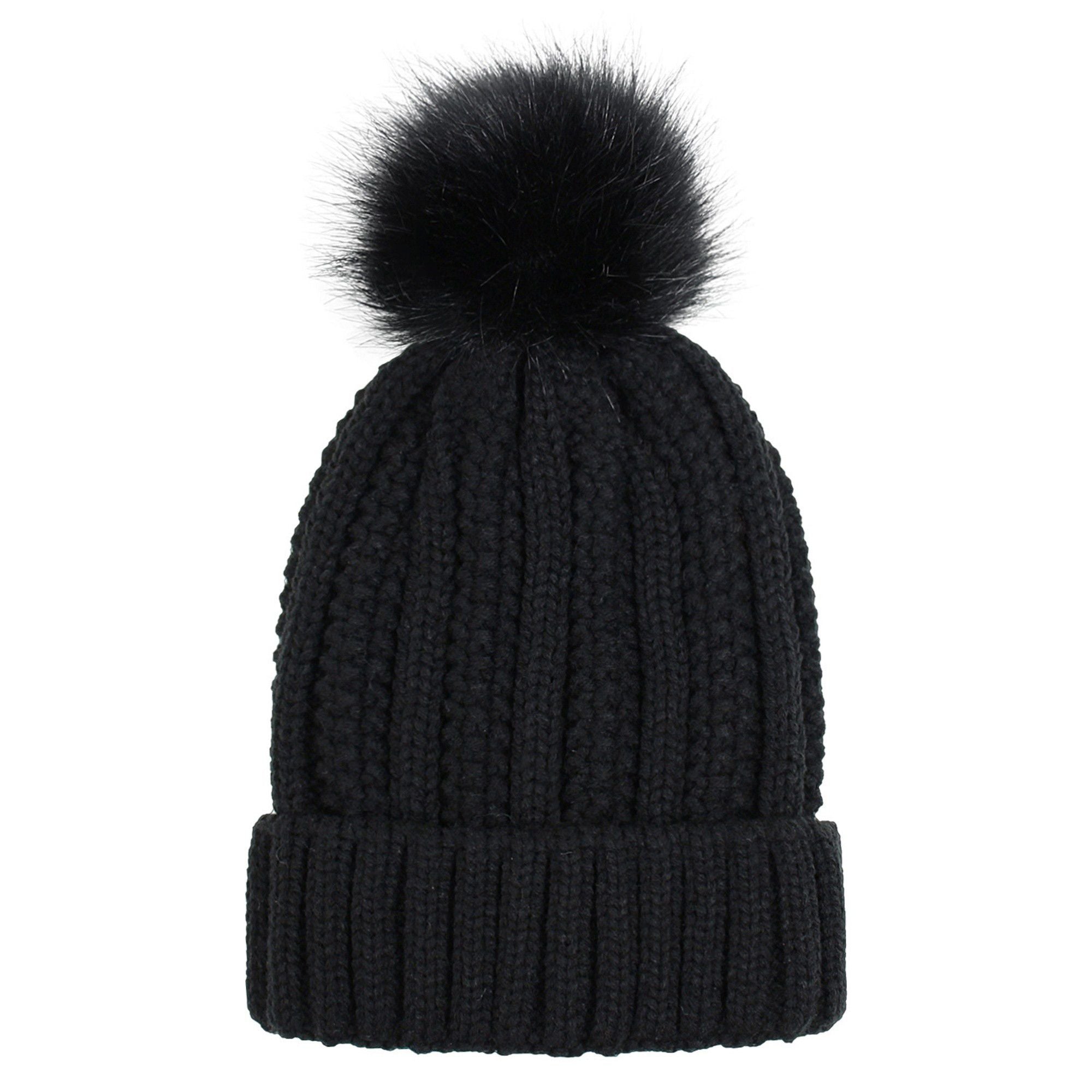 Anna-Kaci Women's Soft Knit Winter Beanie Hat with Satin-Lined Interior Ribbed Texture and Fluffy Pom Detail