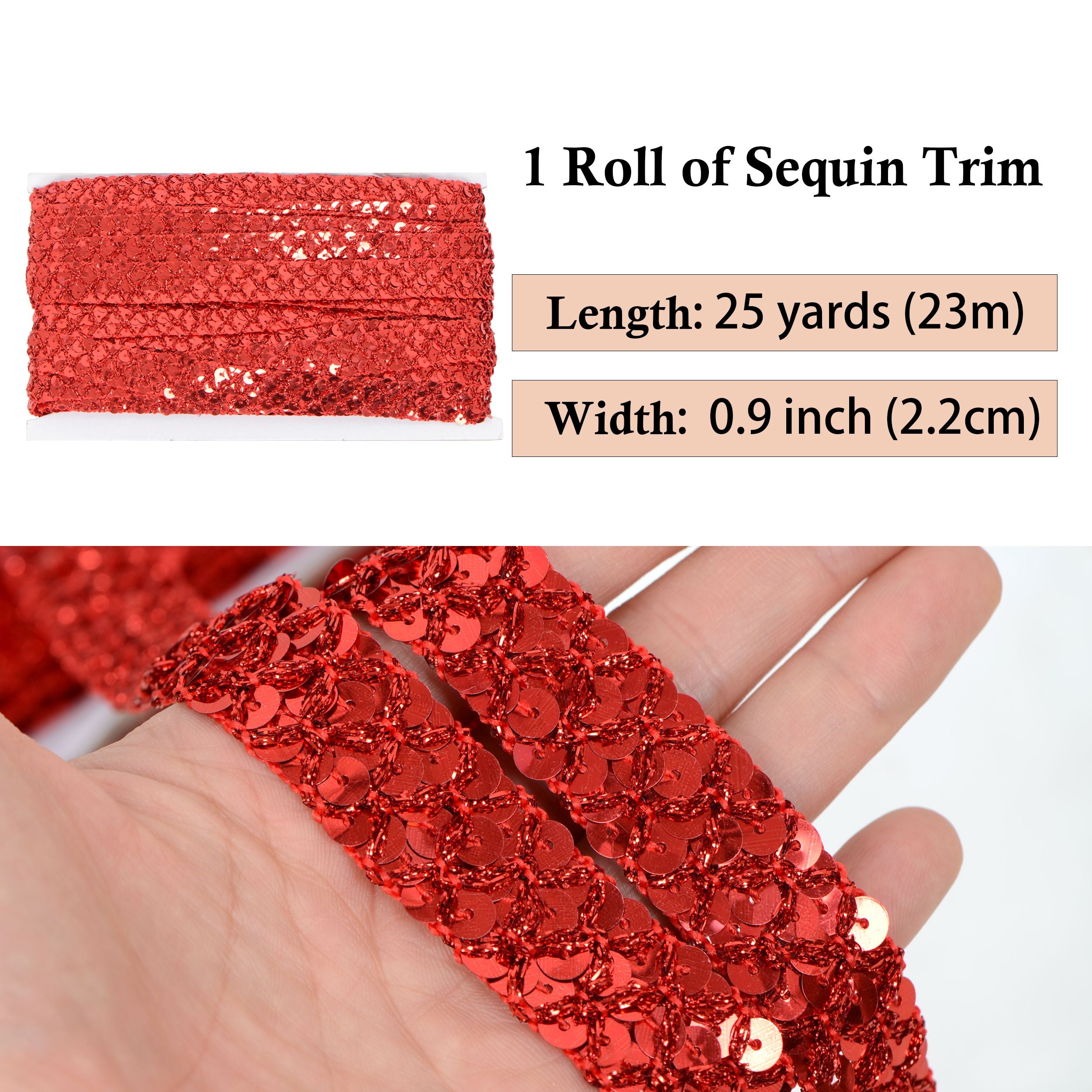 Sewing Sequin Trim 0.9 Inch 4 Row, 25 Yards Glitter Sequin Ribbon Metallic Stretch Bling Strip DIY Craft Decoration