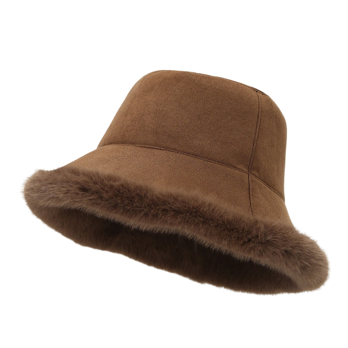 Faux Suede Bucket Hat with Faux Fur Trim Winter Hat