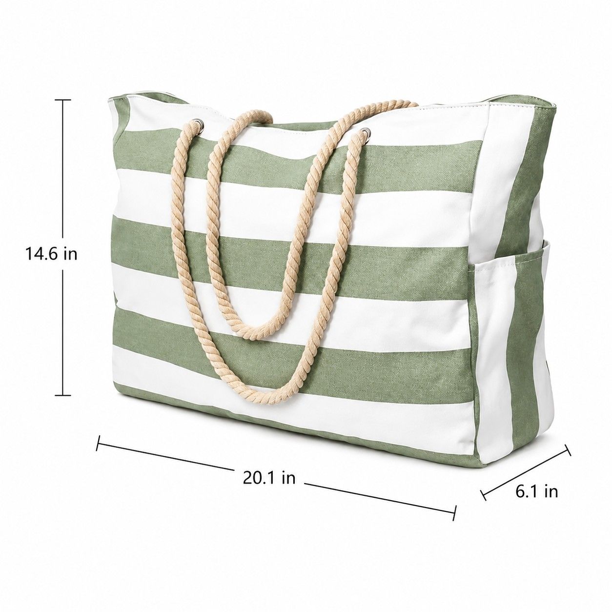Striped Beach Tote Bag with Zip Closure Rope Handles and Side Pockets