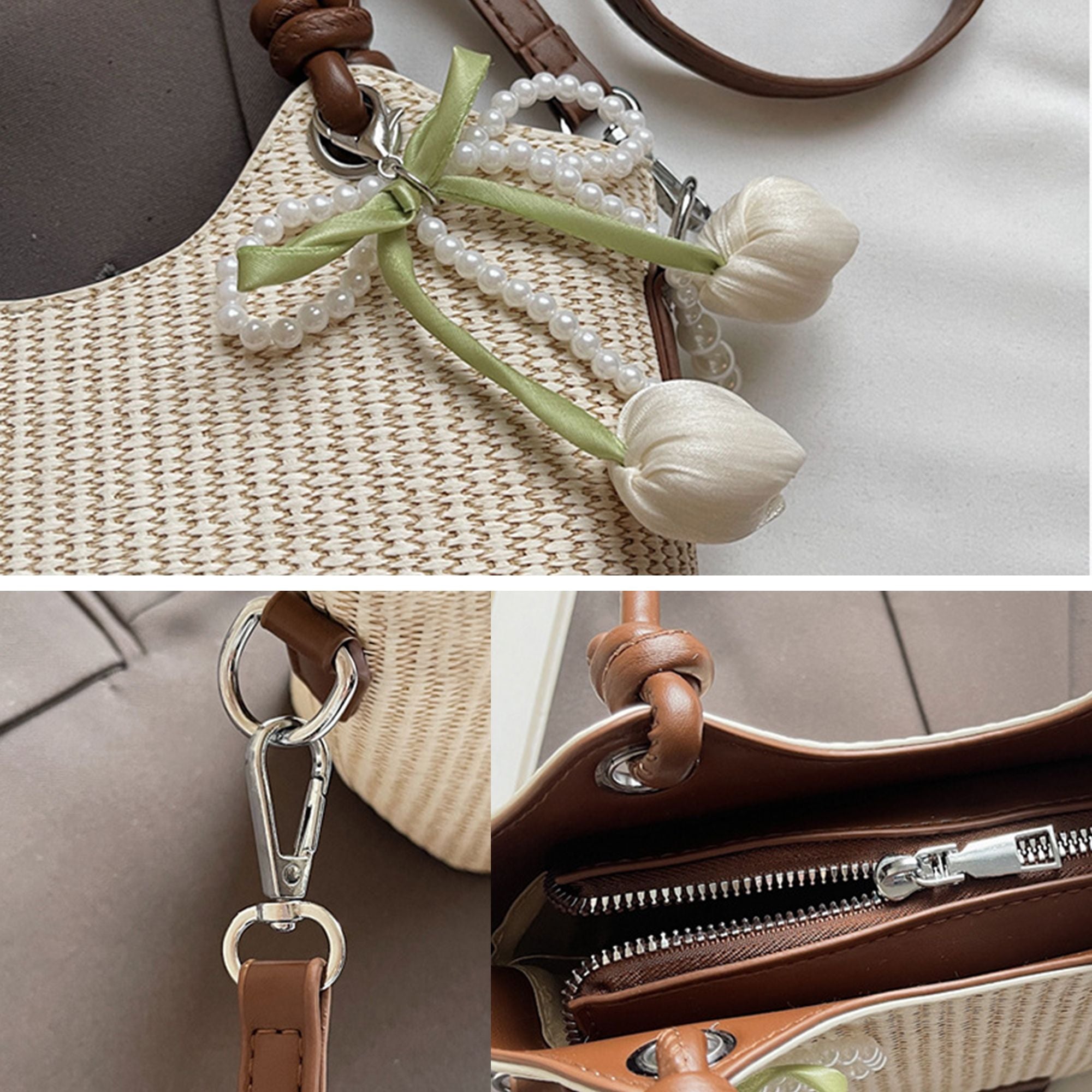 Women's Woven Mini Tote Crossbody Bag with Pearl Bow Charm and Strap