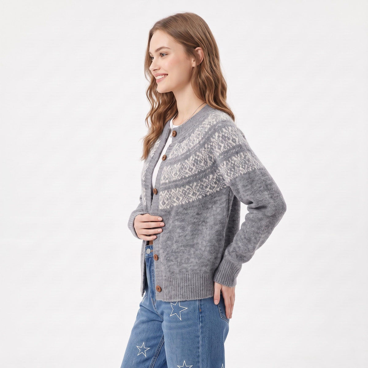 Fair Isle Button Front Crew Neck Cardigan