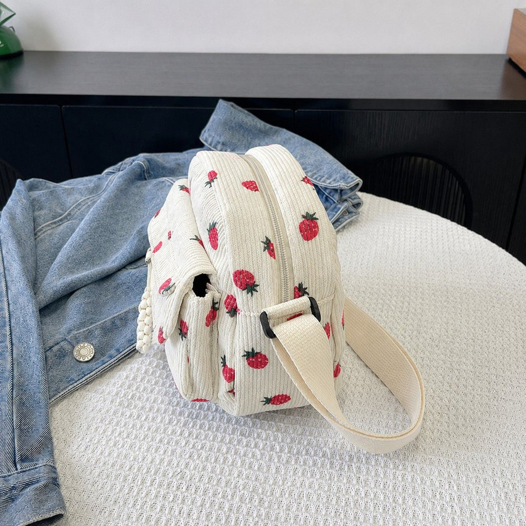 Strawberry Print Corduroy Crossbody Bag with Front Pocket and Adjustable Strap