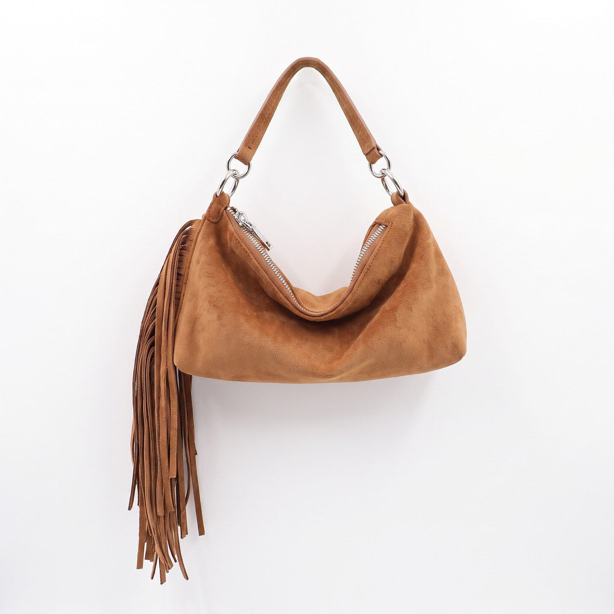 Slouchy Shoulder Handbag with Fringe Tassel and Zipper Closure