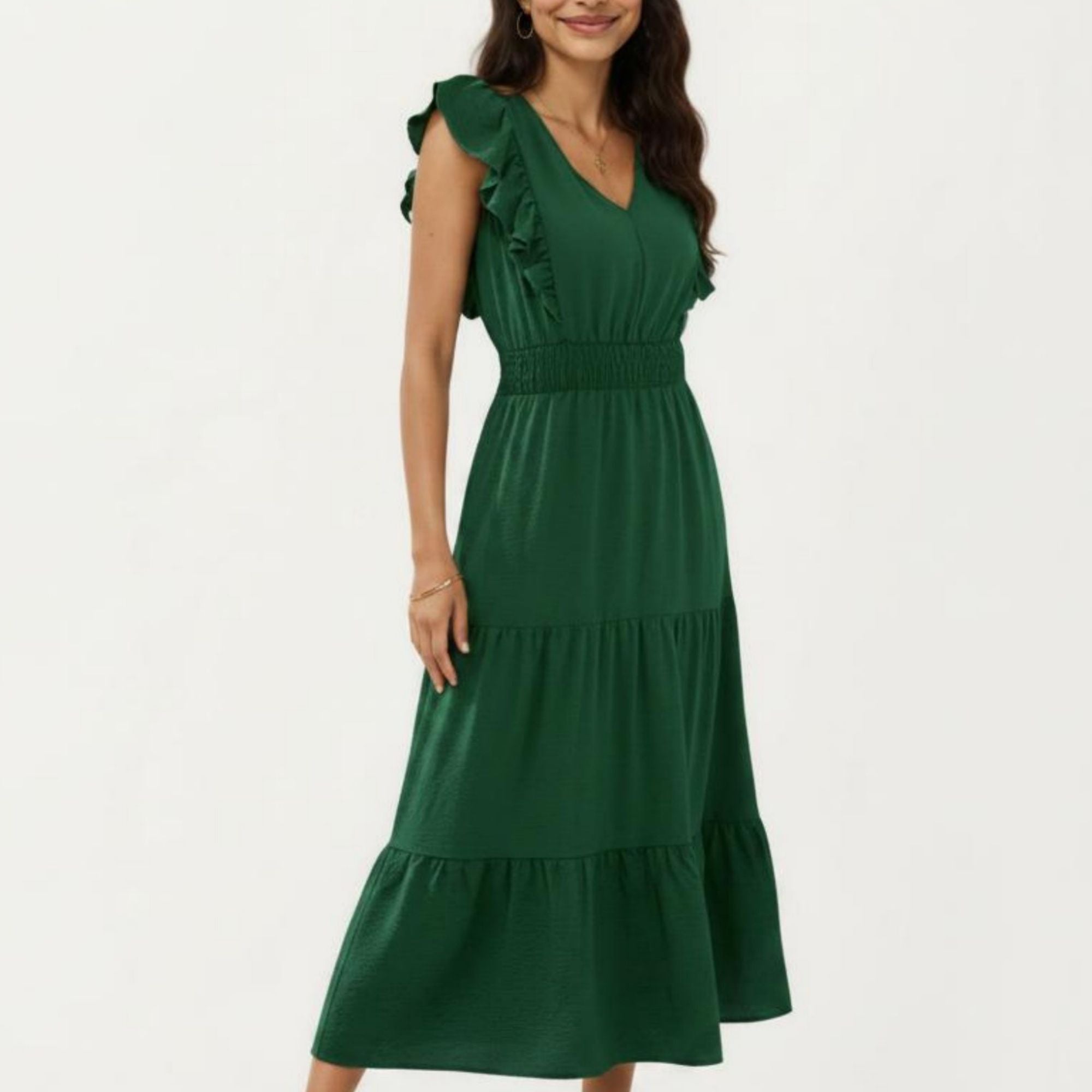 Anna-Kaci Women's Tiered Midi Dress with Ruffle Sleeves and Smocked Waist