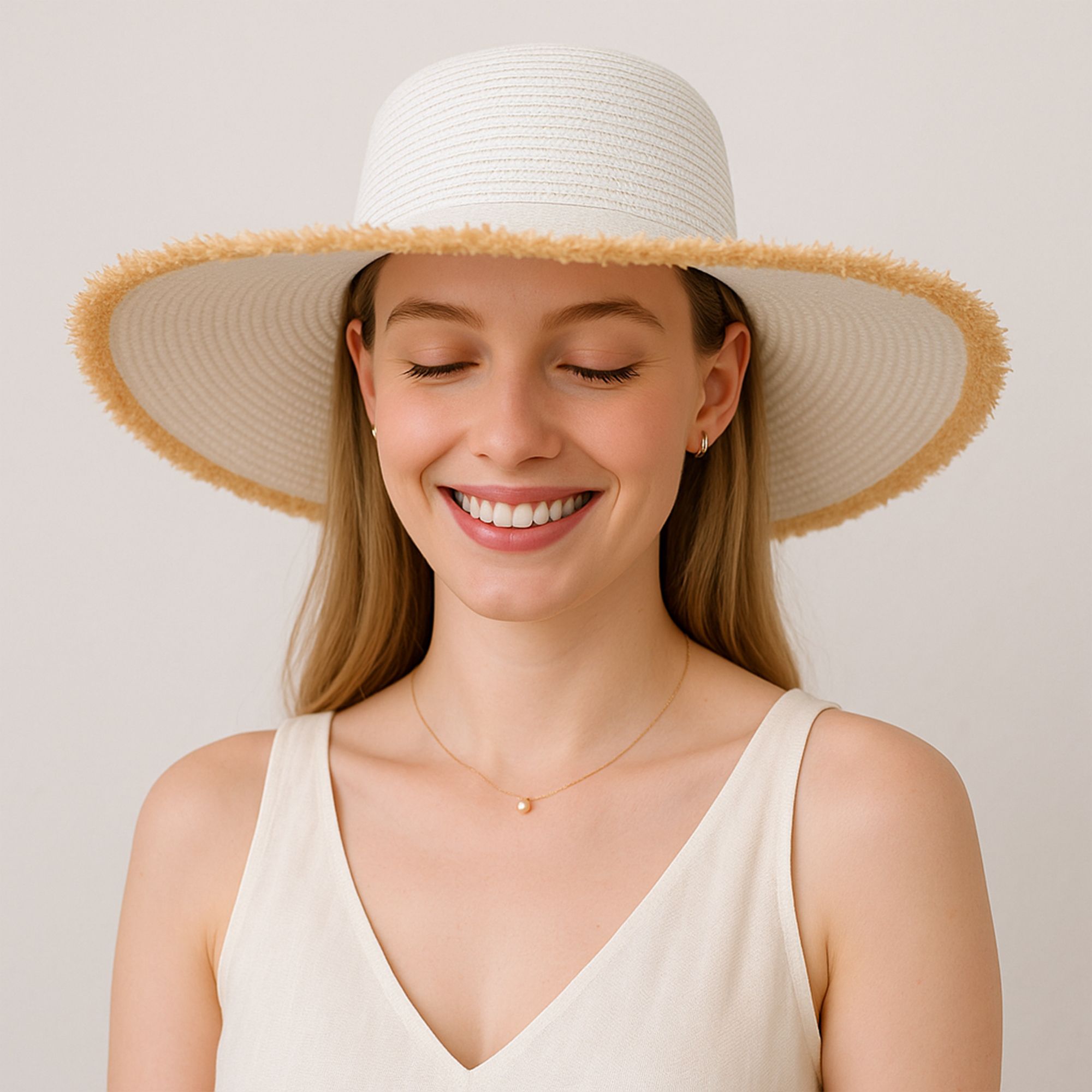 Anna-Kaci Wide Brim Straw Floppy Hat with Frayed Edges Lightweight Sun Protection for Beach Vacation Outdoor Travel Style