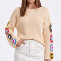 Crochet Floral Sleeve Knit Pullover Sweater with Long Sleeves