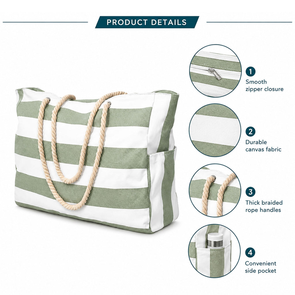 Striped Beach Tote Bag with Zip Closure Rope Handles and Side Pockets