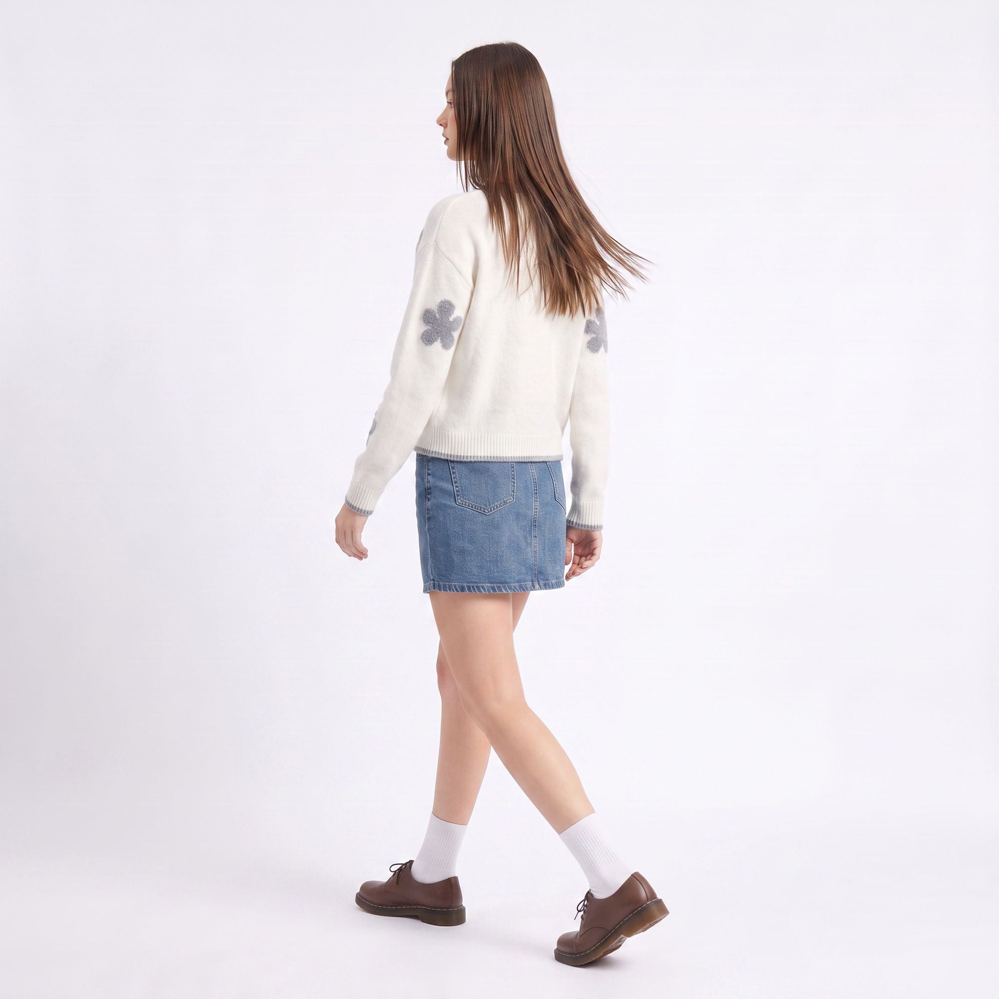 3D Floral Pearl Button Fuzzy Knit Cardigan Sweater