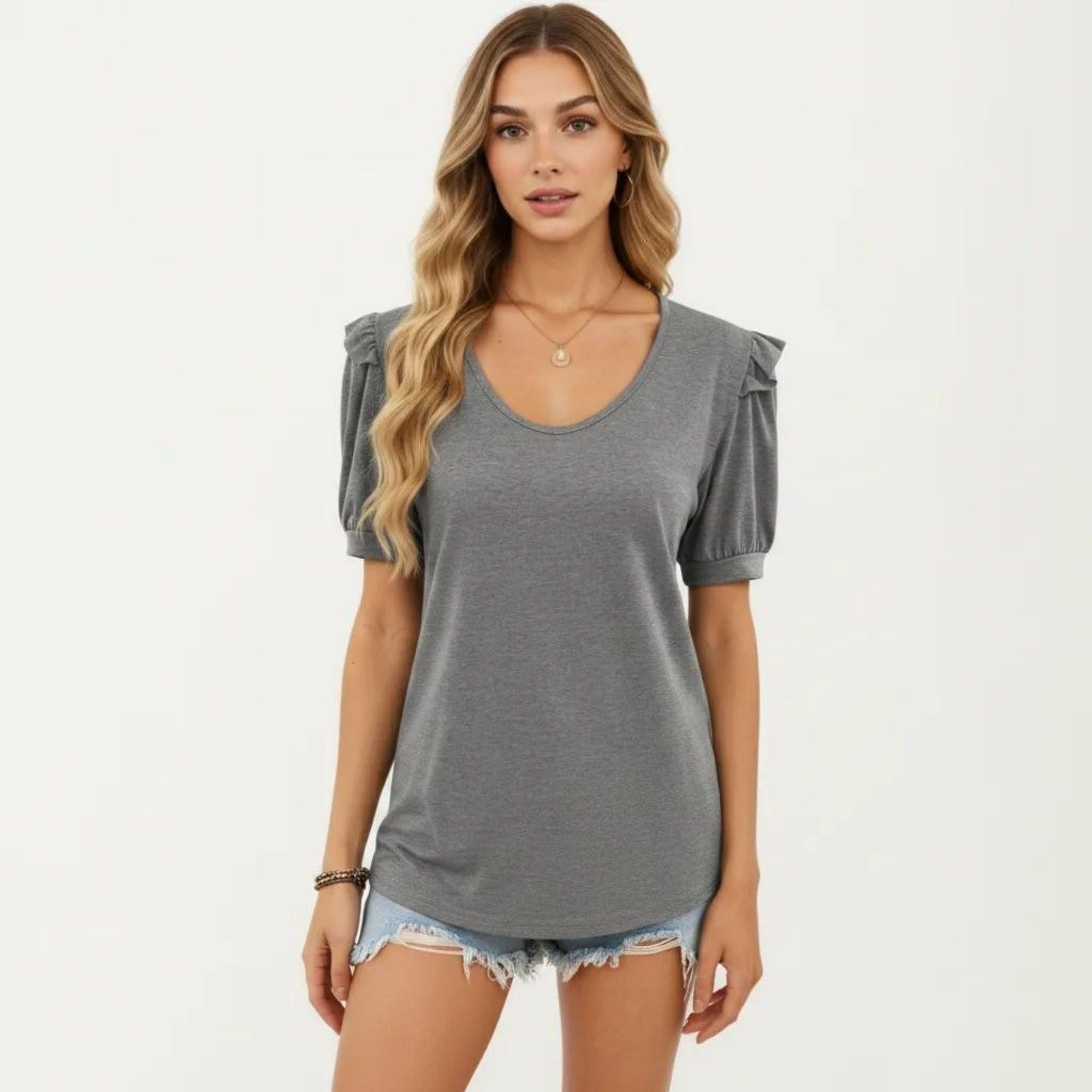 Anna-Kaci Women's Short Puff Sleeve Top with Scoop Neck Textured Knit Relaxed Fit Casual Shirt