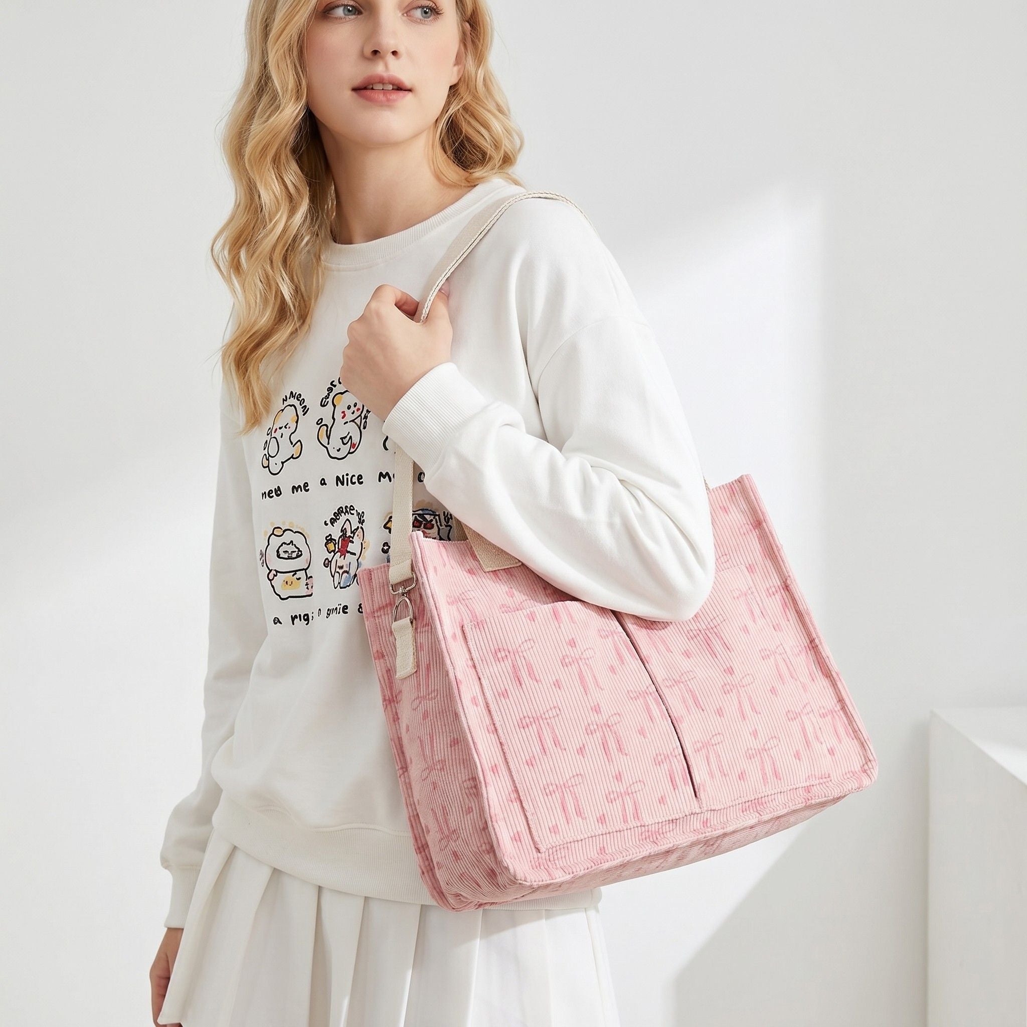 Canvas Tote Bag with Bow Print Large Capacity Lightweight Adjustable Shoulder Bag