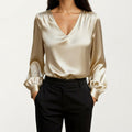 Anna-Kaci Women's Satin V-Neck Blouse with Long Balloon Sleeves and Wide Cuffs