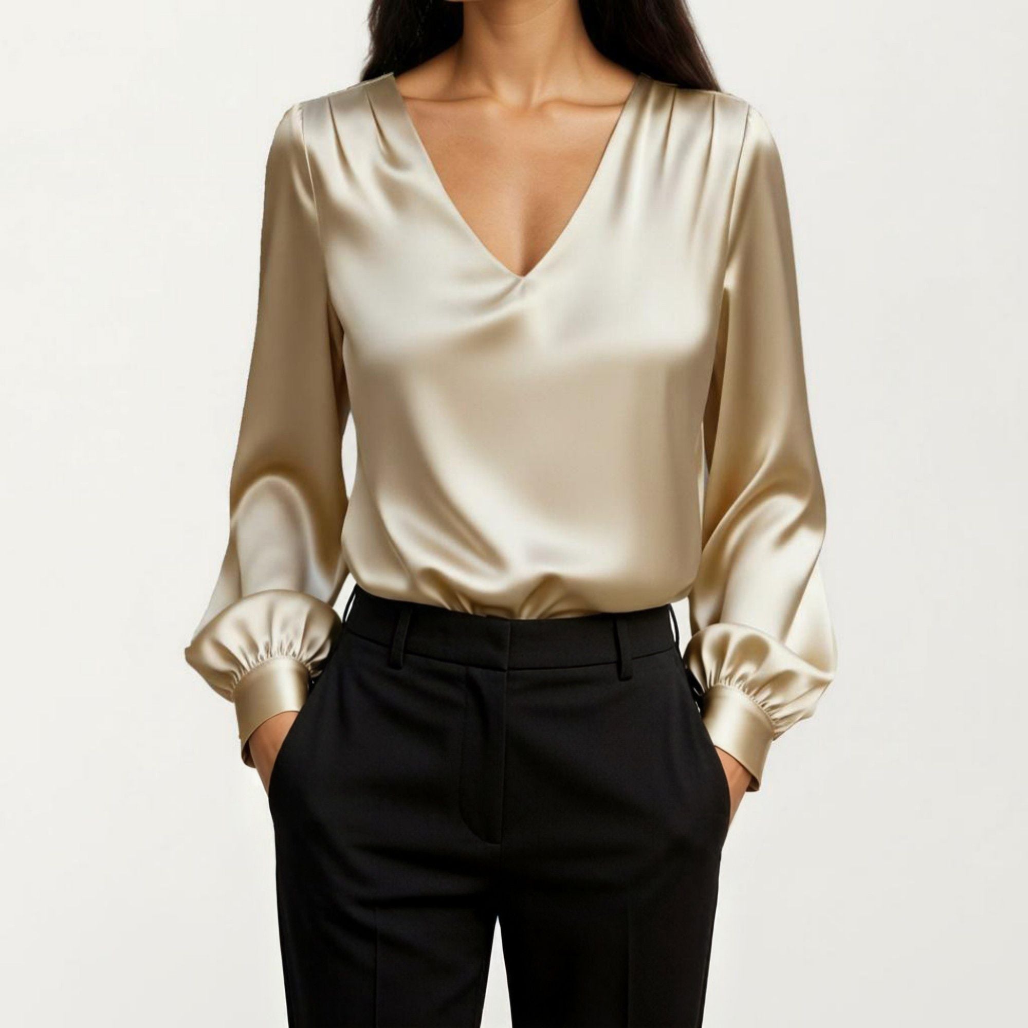 Anna-Kaci Women's Satin V-Neck Blouse with Long Balloon Sleeves and Wide Cuffs