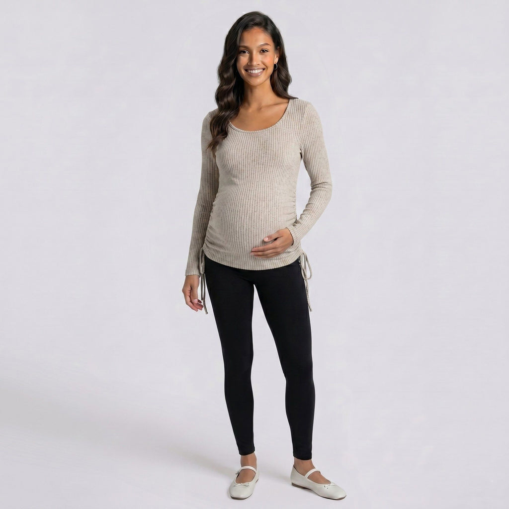 Anna-Kaci Women's Maternity Ribbed Long Sleeve Top with Scoop Neck and Side Ruched Tie Detail