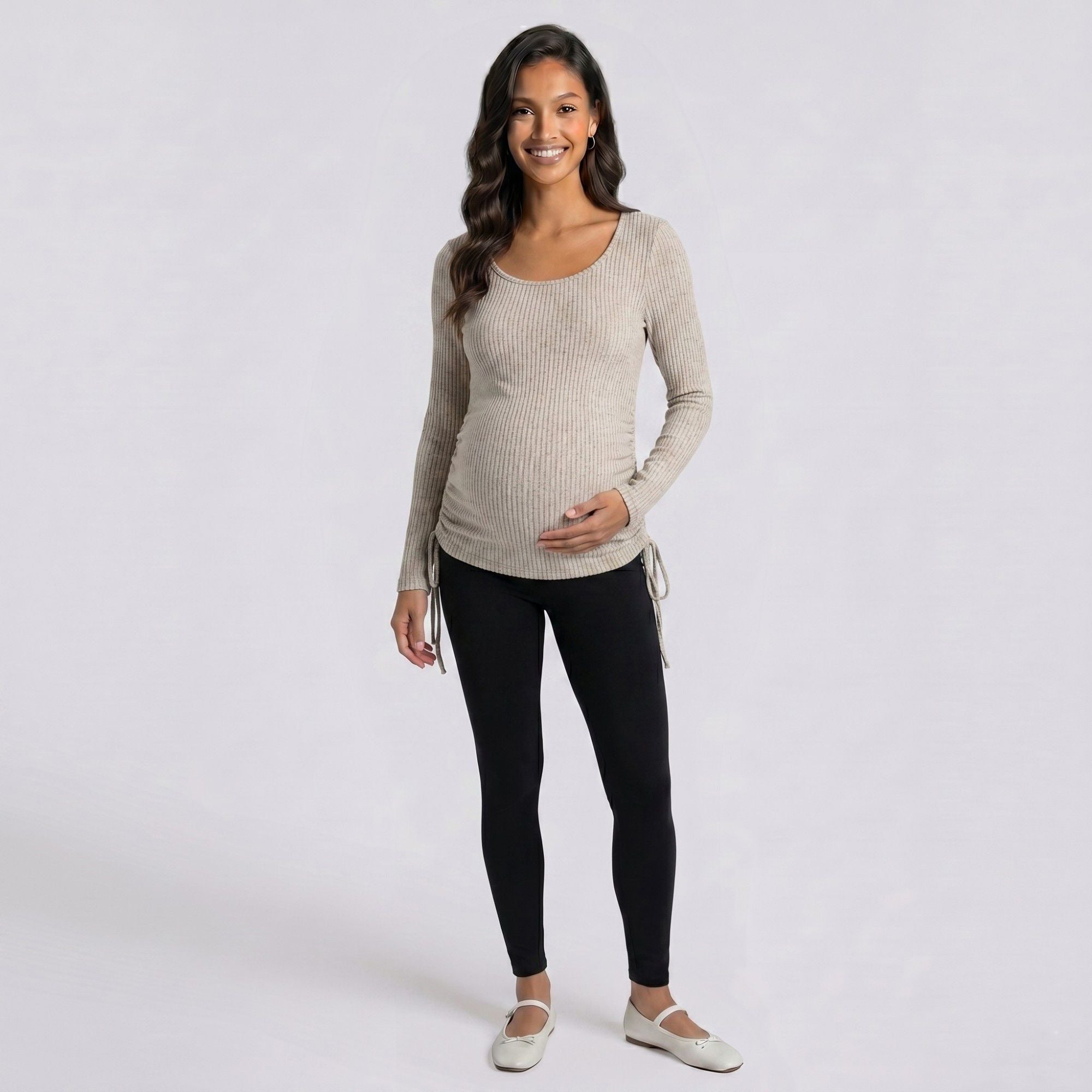 Anna-Kaci Women's Maternity Ribbed Long Sleeve Top with Scoop Neck and Side Ruched Tie Detail