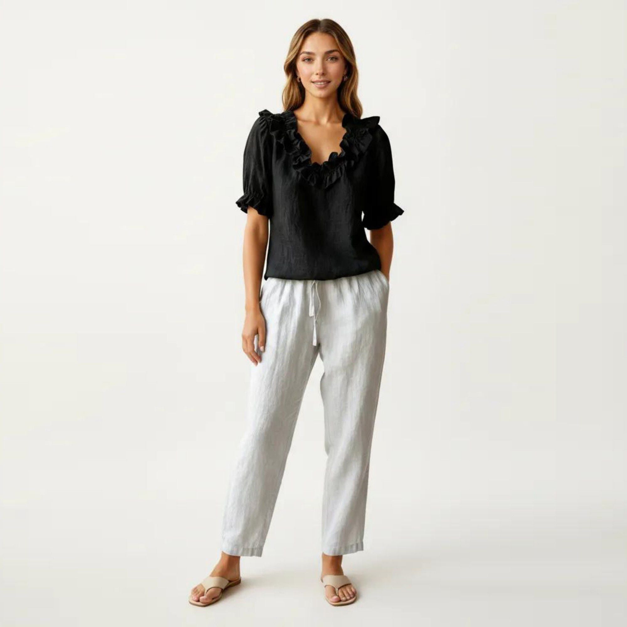 Anna-Kaci Women's Ruffle Neck Blouse with Short Puff Sleeves and Textured Linen-Like Fabric
