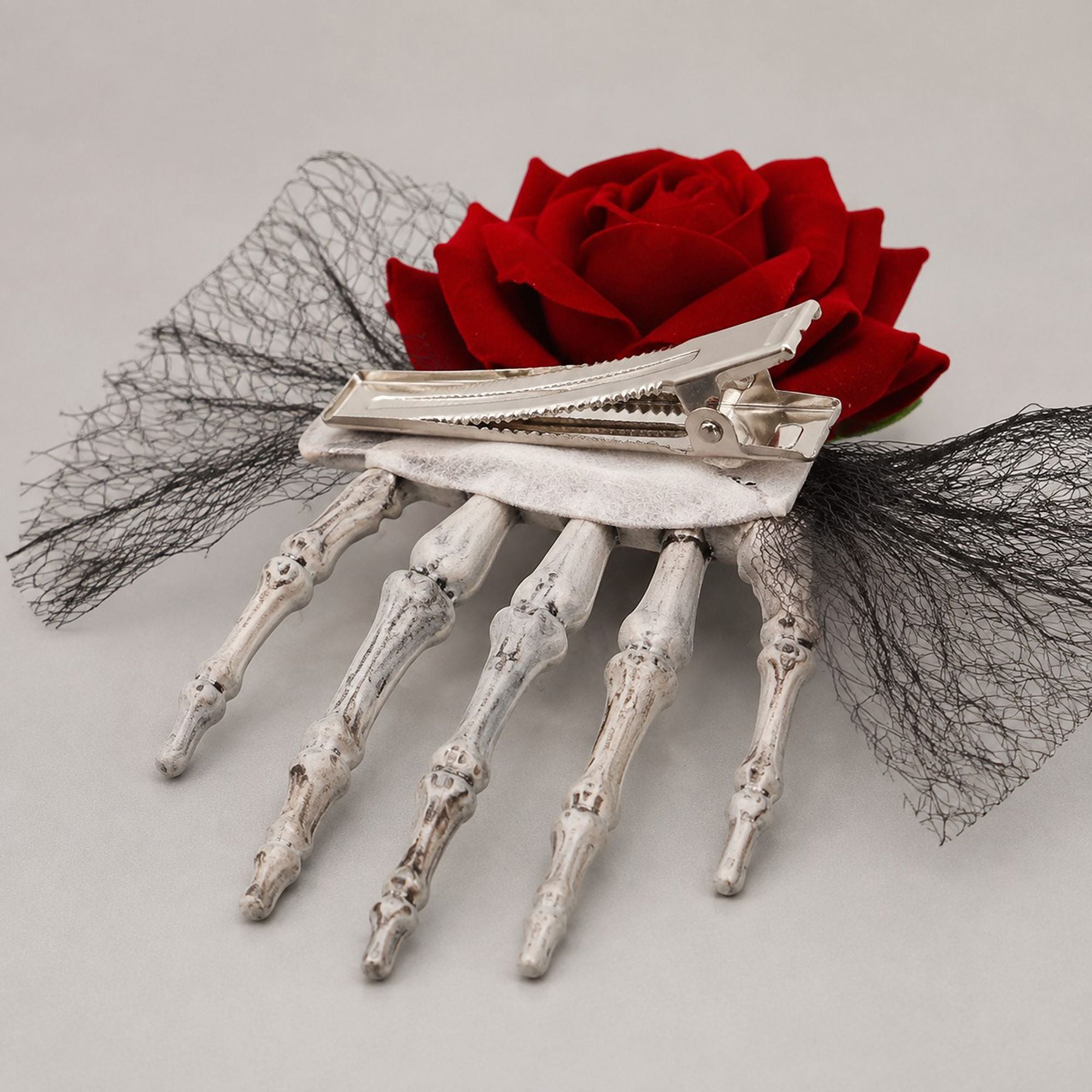 Skeleton Hand Pet Hair Clip with Red Rose and Black Lace