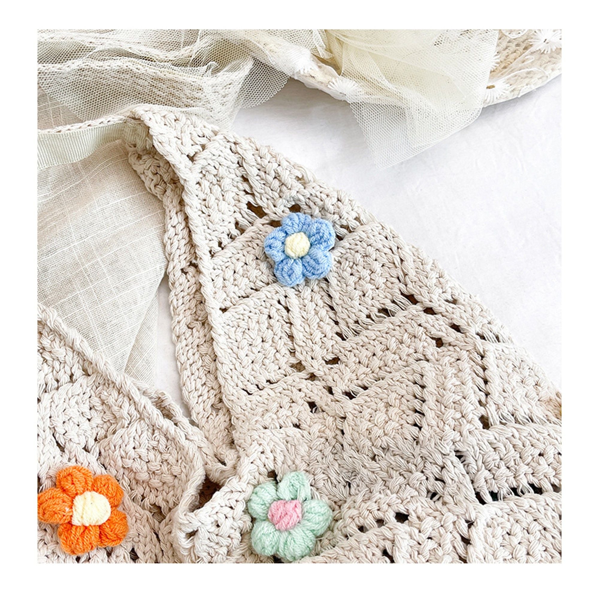 Women's Crochet Woven Shoulder Bag with Floral Applique Open Knit Hobo Design