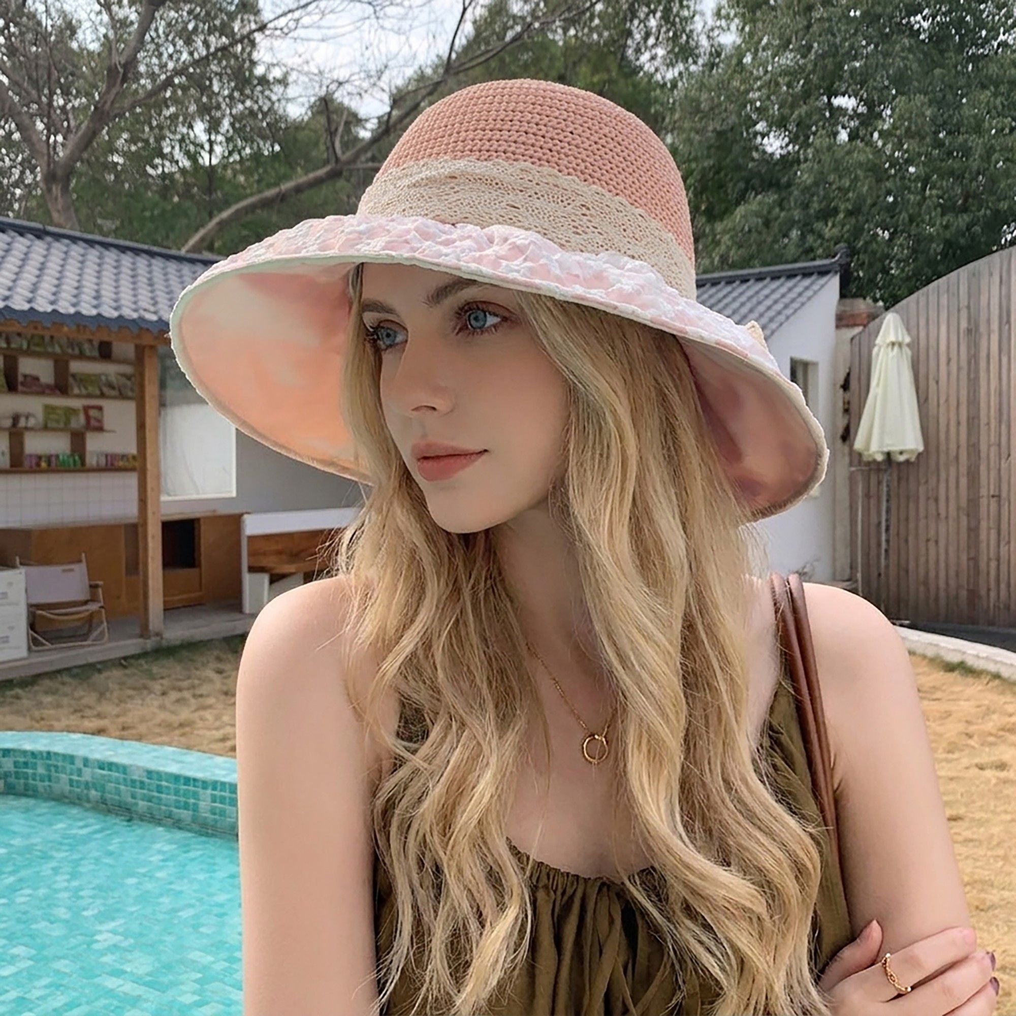 Crochet Sun Hat with Lace Bow Accent and Embroidered Sheer Wide Brim