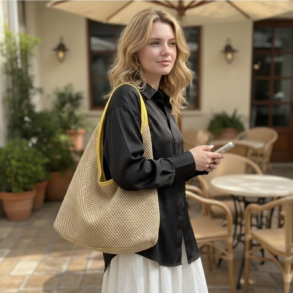 Woven Straw Hobo Shoulder Bag with Smooth Strap Lightweight Crochet Knit Slouchy Tote Bag